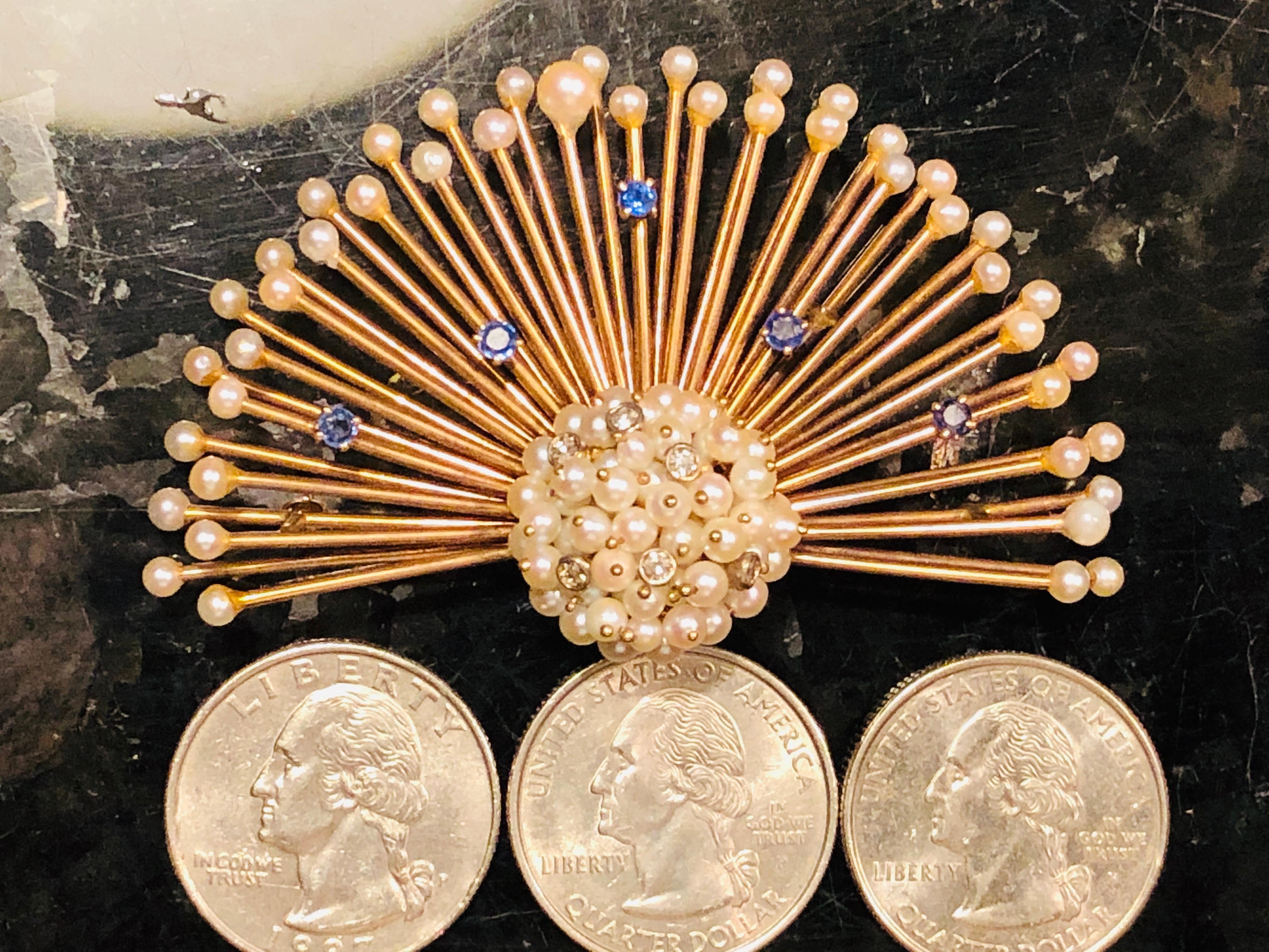 Art Deco Fan Brooch / Pin, Sapphires, Diamonds and Pearls, 14 Karat Yellow For Sale 1