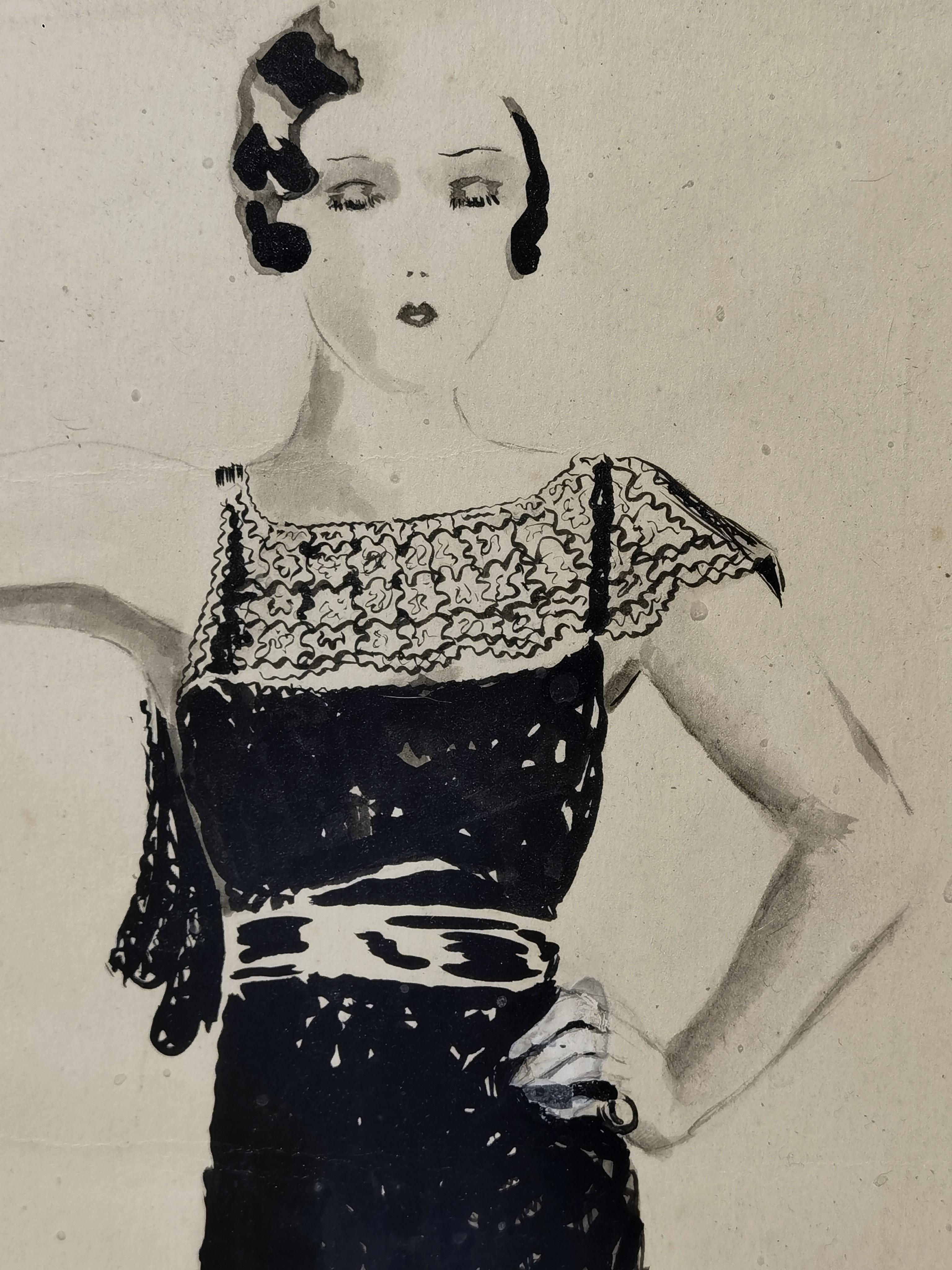Ein ART-DECO FASHION Zeichnungs-Tintengemälde von LUCY CROFFIN, Frankreich 1930 im Angebot 6