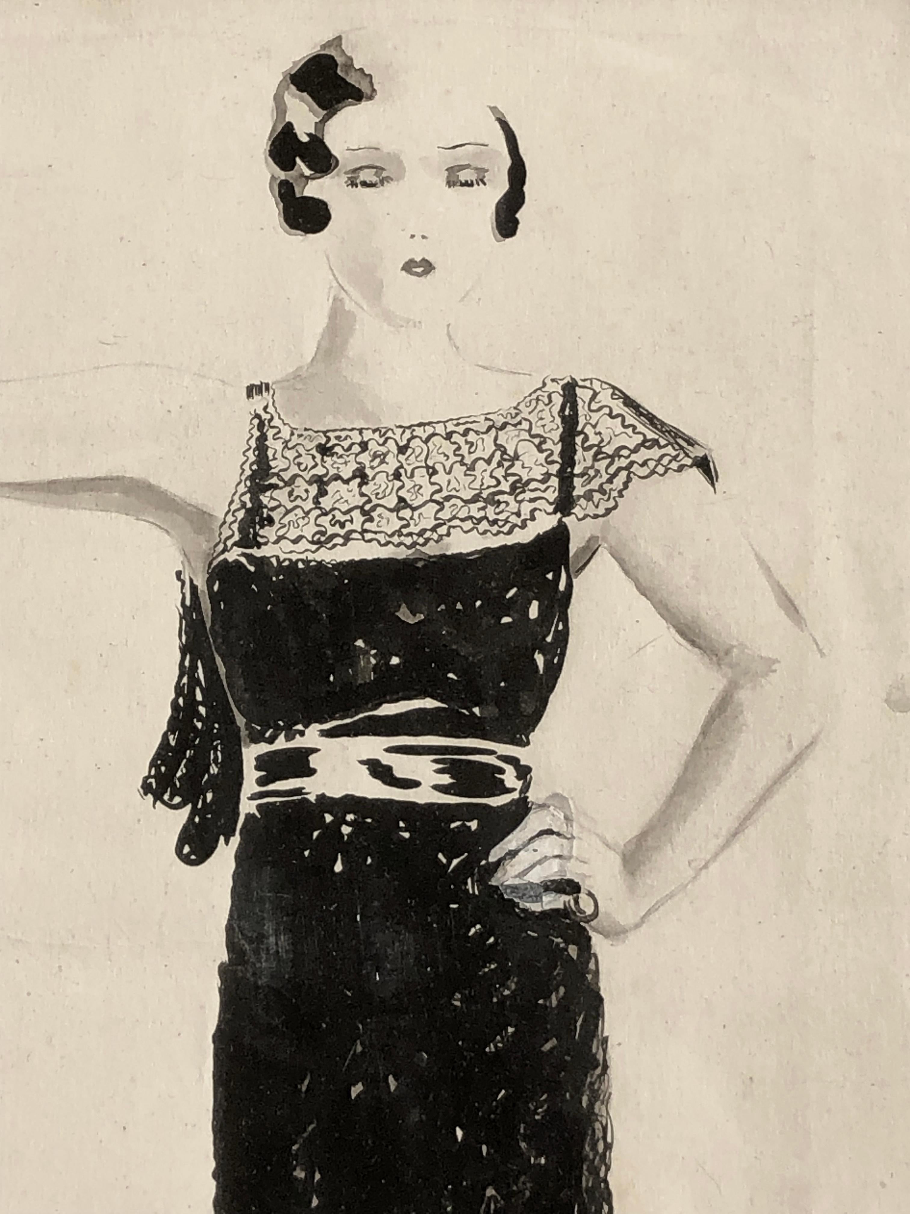 Francese Un ART-DECO FASHION Disegno a inchiostro di LUCY CROFFIN, Francia 1930 in vendita