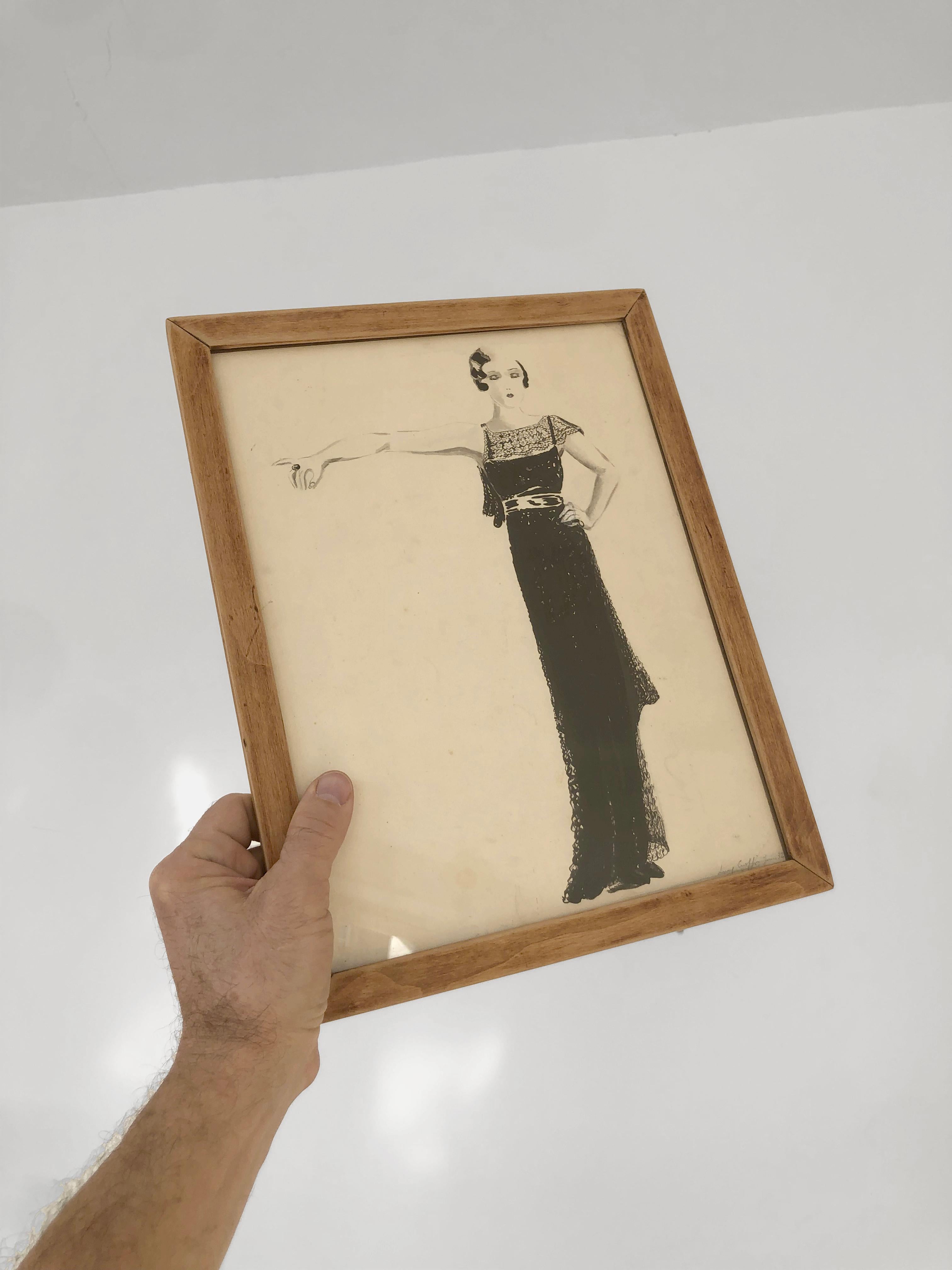 Carta Un ART-DECO FASHION Disegno a inchiostro di LUCY CROFFIN, Francia 1930 in vendita
