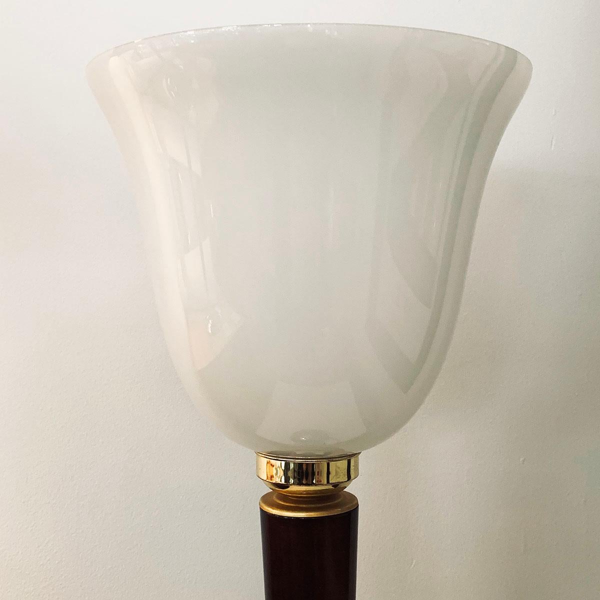 Art Deco Mazda lamp with original opalescent glass shade and switch. This lamp is in amazing condition, an excellent example of polished mahogany base with rounded top edge and slim, tapering column, finishing in the gilt/brass top; just a slight
