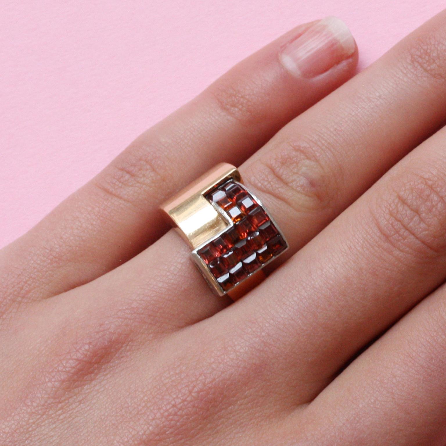 Art Deco Gold and Platinum and Invisibly Set Garnet Ring 6