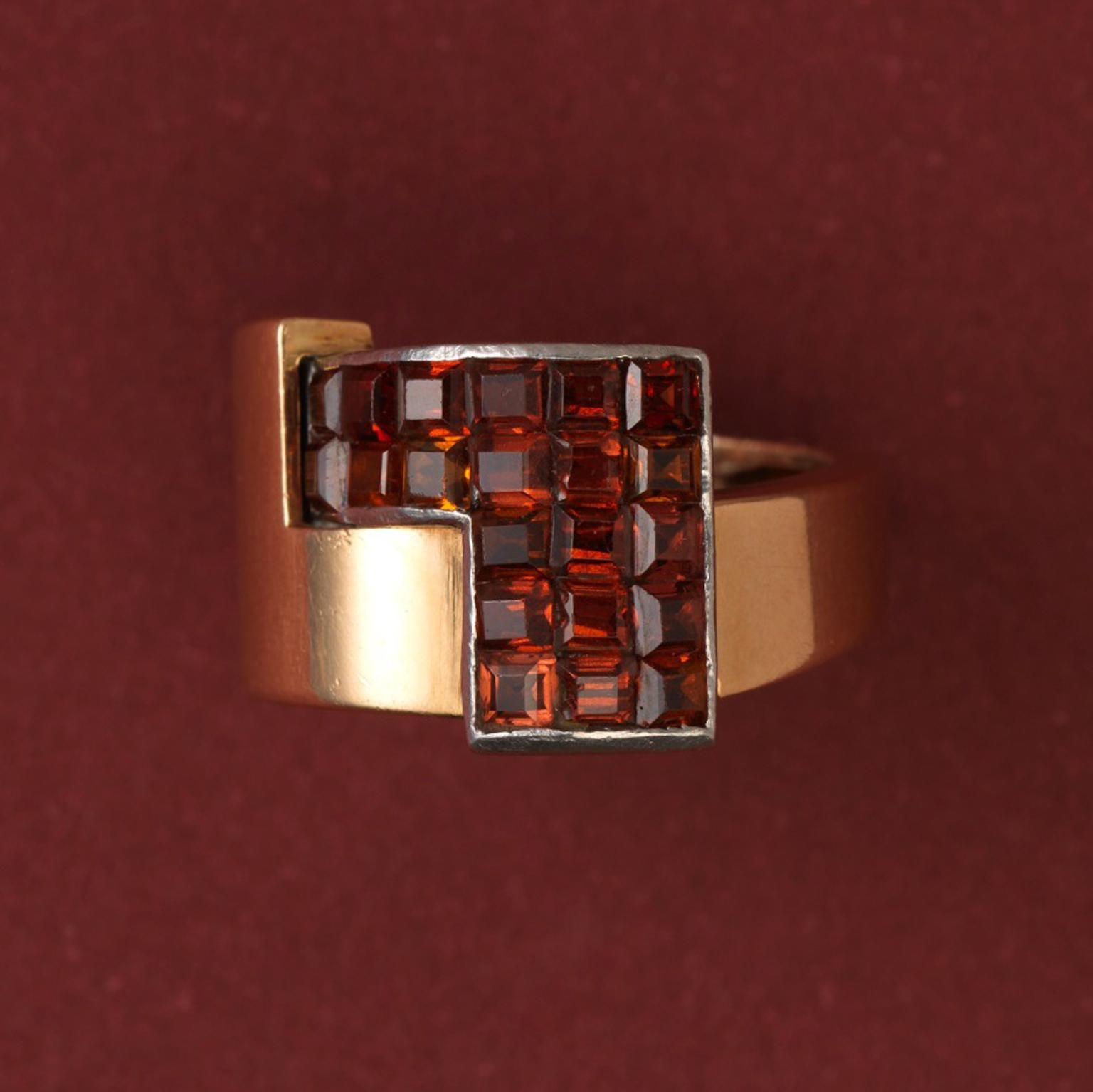 Women's Art Deco Gold and Platinum and Invisibly Set Garnet Ring
