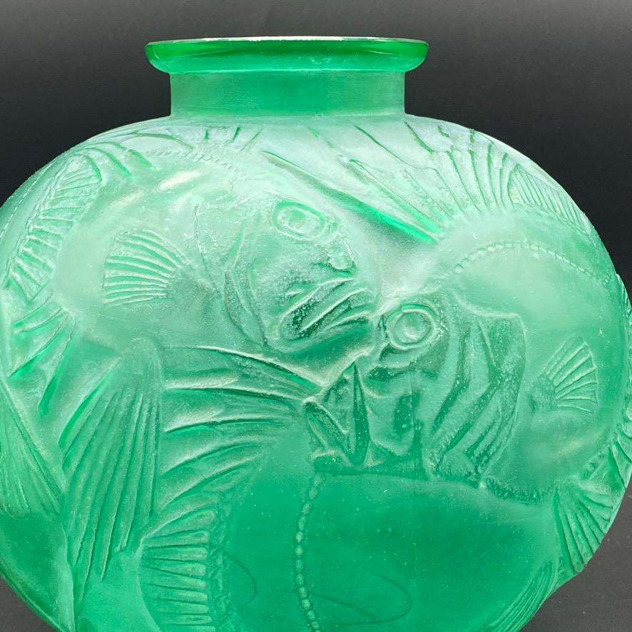Molded an Art Deco Green  Glass Poisson Vase by R.Lalique  For Sale