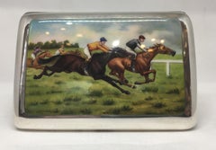 Art Deco Hand Painted Enamel Horse Racing Themed Silver Cigarette Case