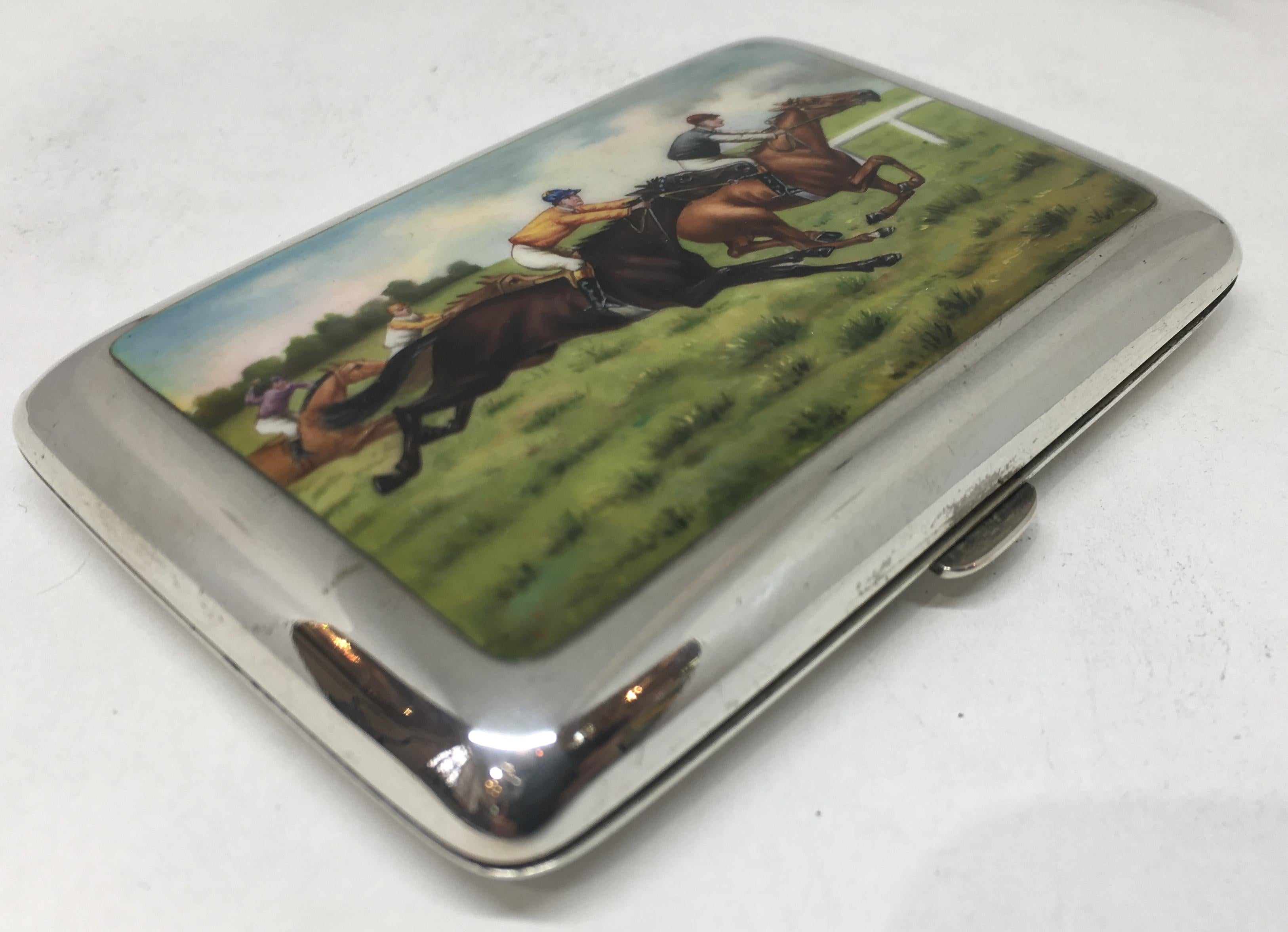 Early 20th Century Art Deco Hand Painted Enamel Horse Racing Themed Silver Cigarette Case For Sale