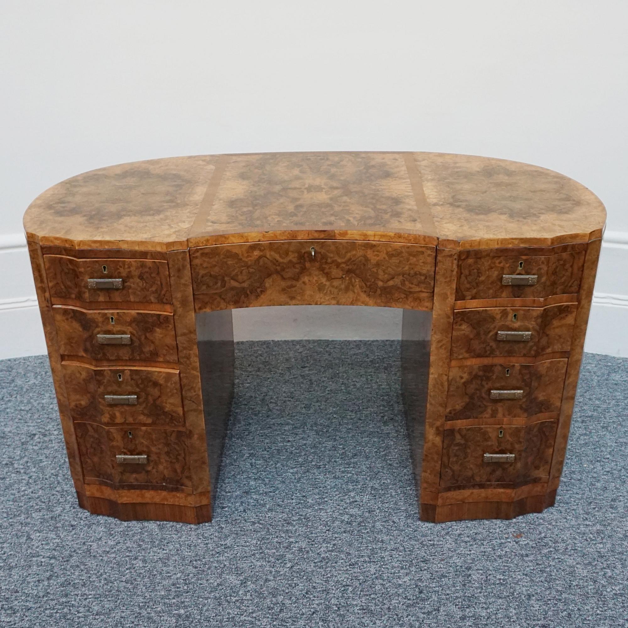 English An Art Deco Kidney Shaped. Burr Walnut Desk For Sale