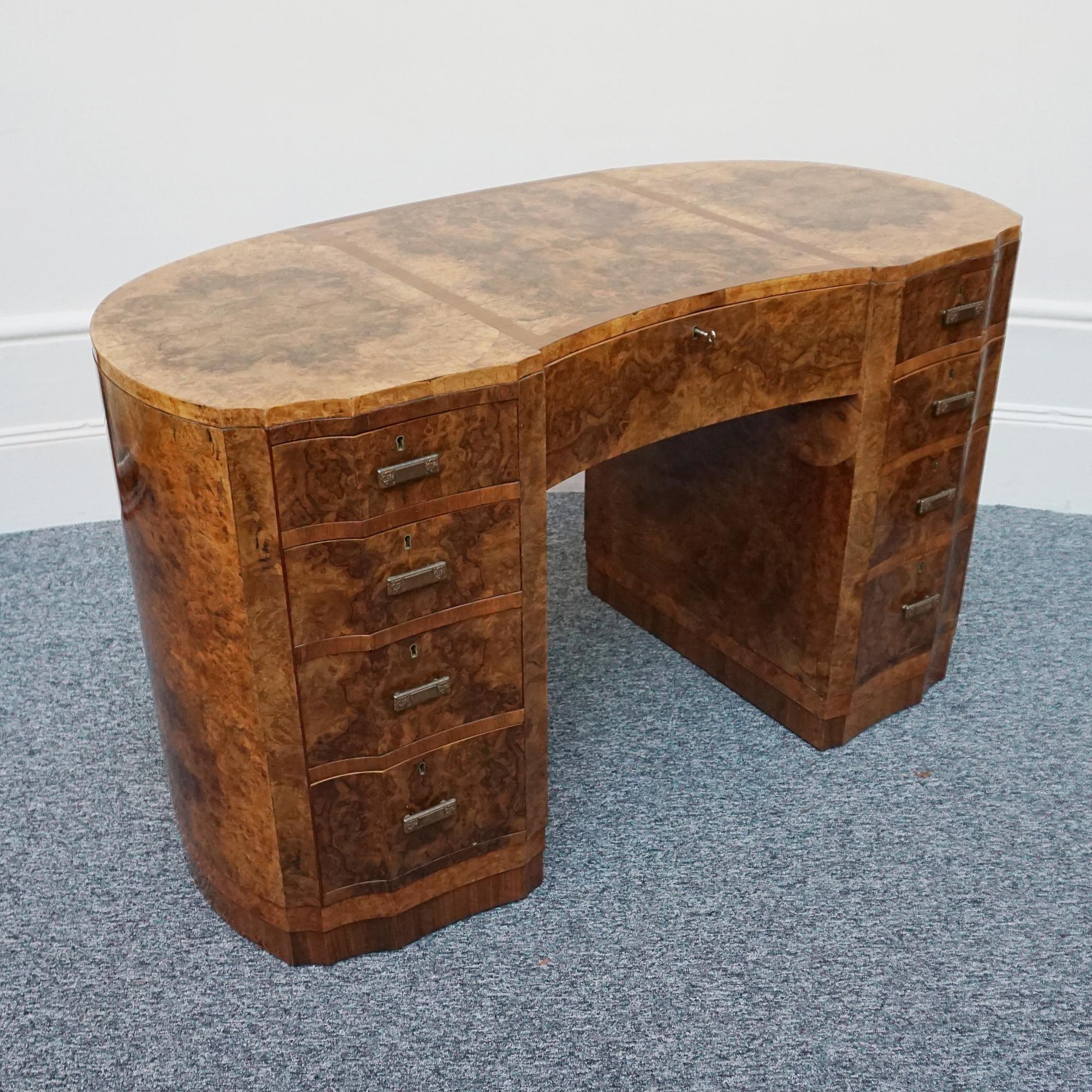An Art Deco Kidney Shaped. Burr Walnut Desk For Sale 1