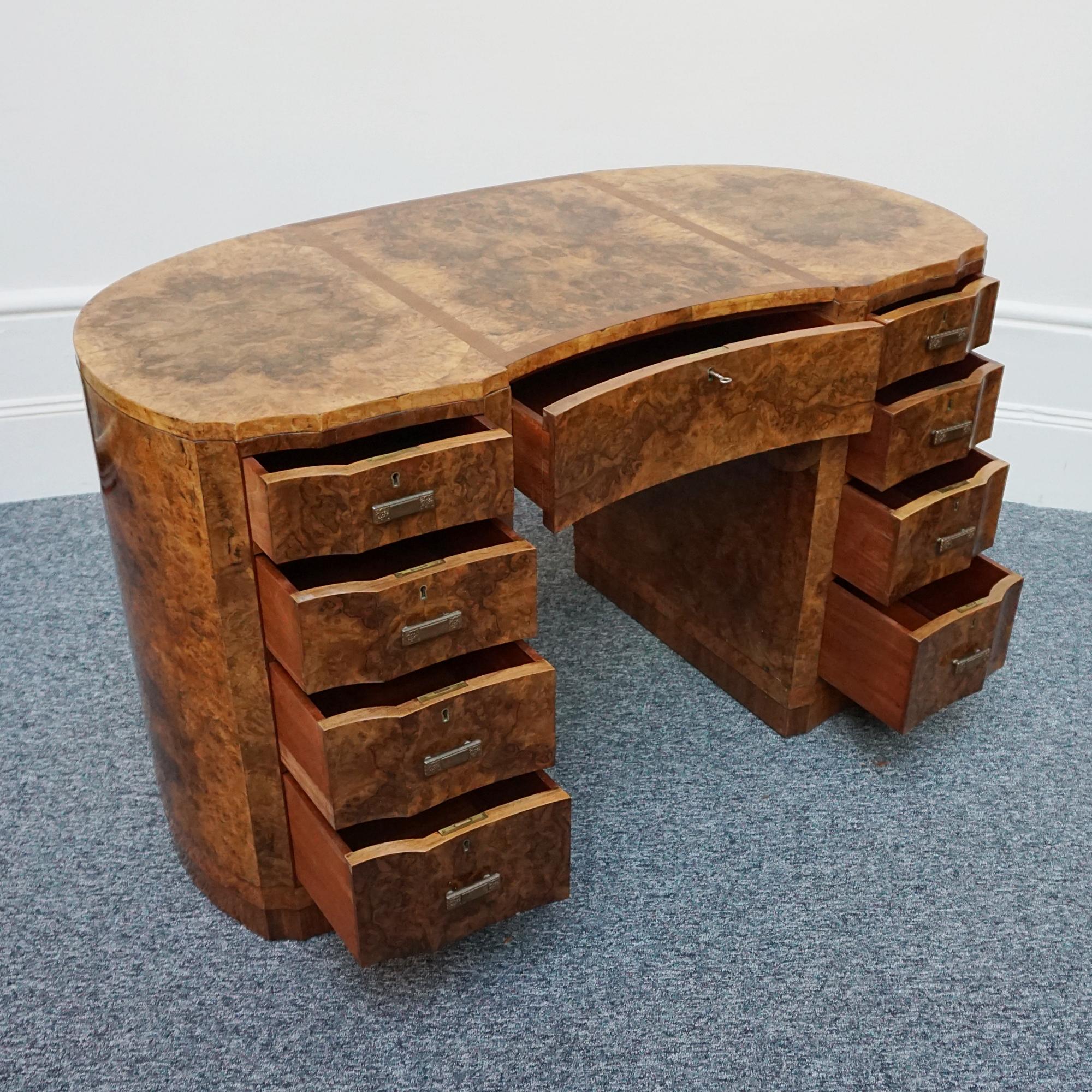 An Art Deco Kidney Shaped. Burr Walnut Desk For Sale 4