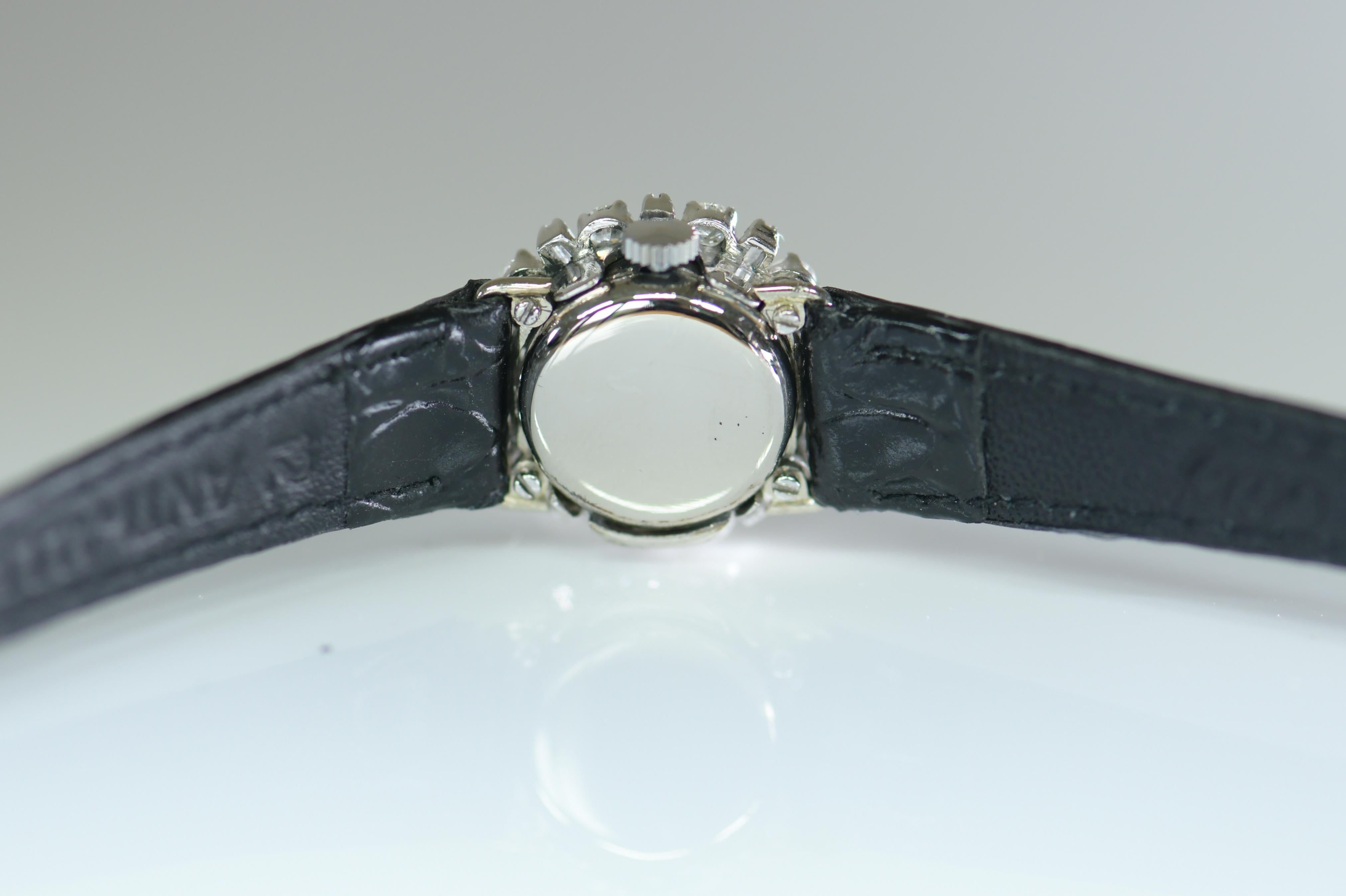 Baguette Cut Art Deco Ladies Diamond 18K White Gold Wristwatch, Movado, circa 1930