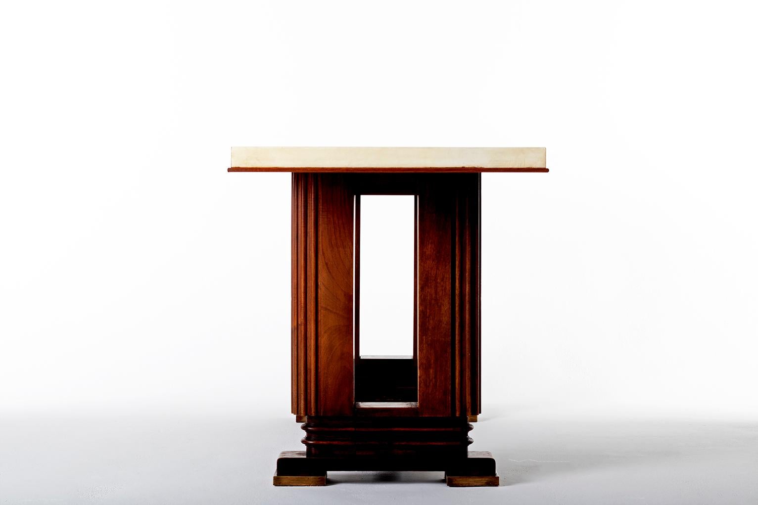 Leather Art Deco Mahohany and Velum Console Table, by Gauthier-Poinsignon