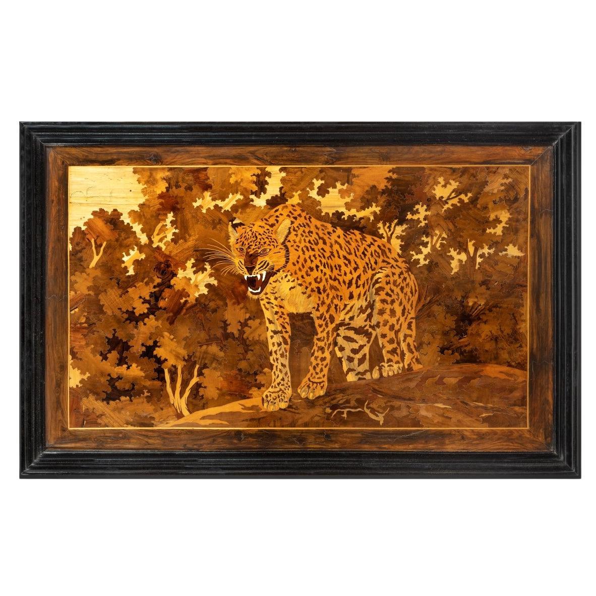 Panneau de marqueterie Art Déco représentant un Jaguar en vente