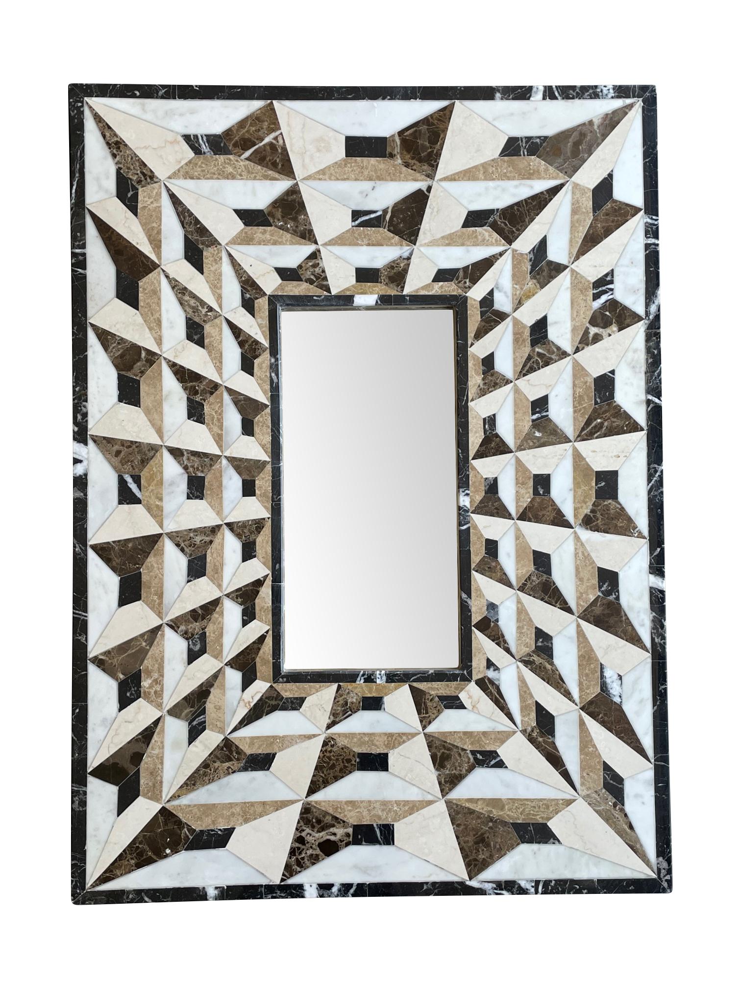 Marquetry Art Deco Mirror with Tessellated Marble Surround Creating Optical Perspective