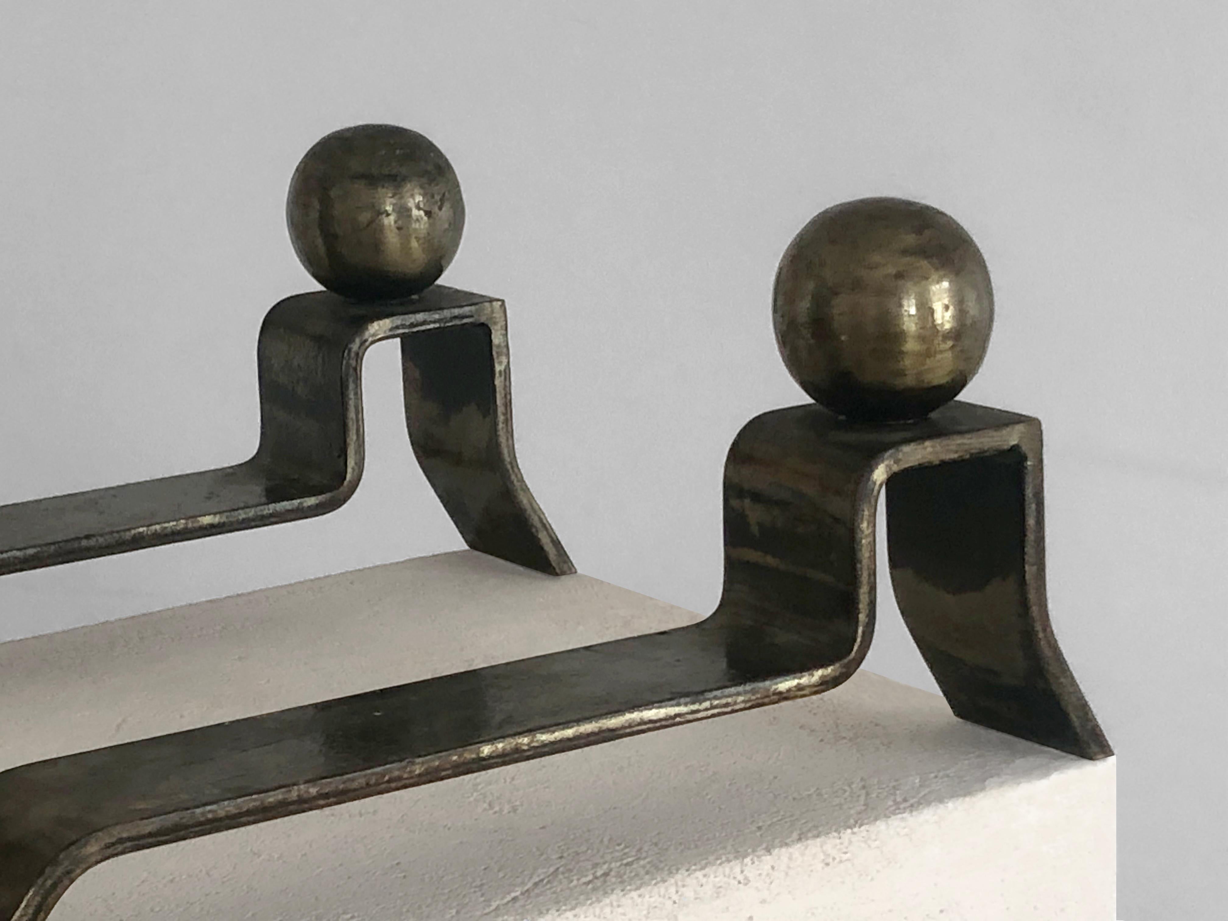 French An ART-DECO Free Form MODERNIST Wrought Iron  PAIR of ANDIRONS, France 1950 For Sale