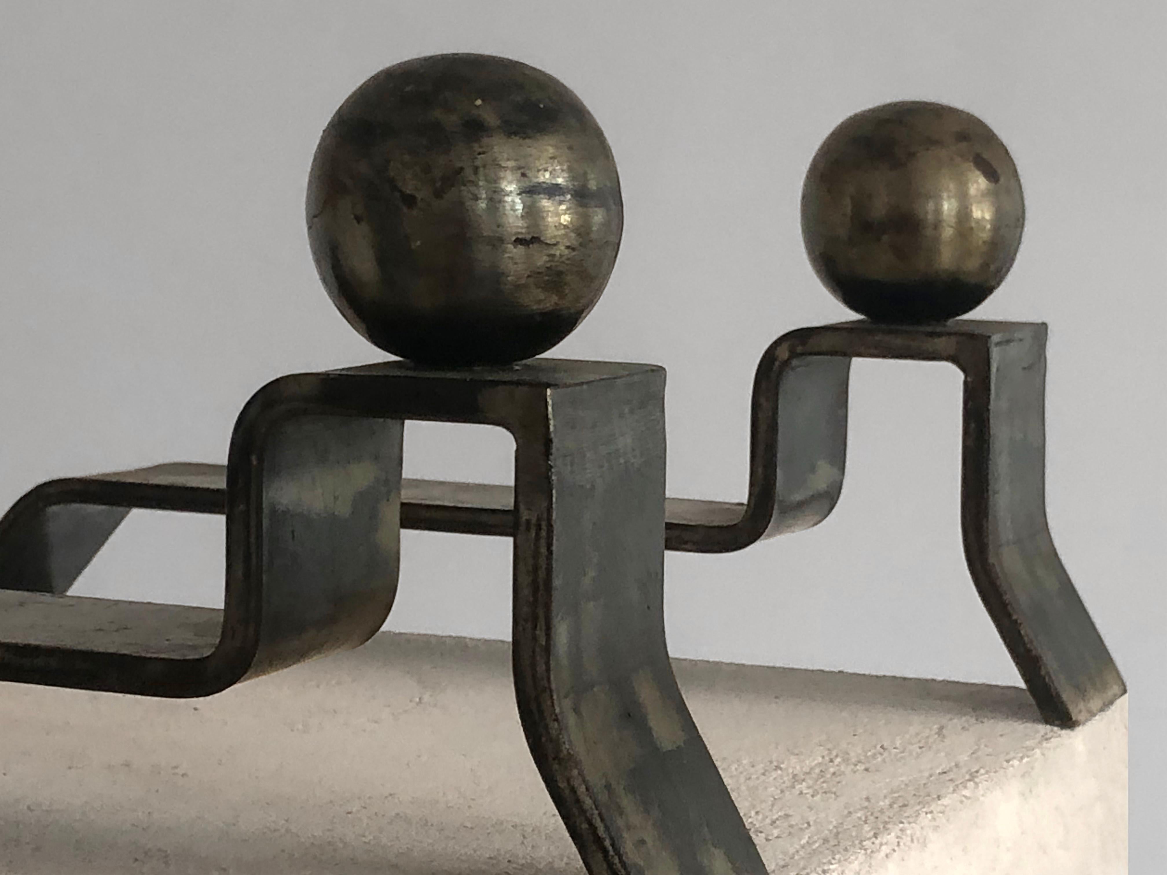 Art Deco An ART-DECO Free Form MODERNIST Wrought Iron  PAIR of ANDIRONS, France 1950 For Sale
