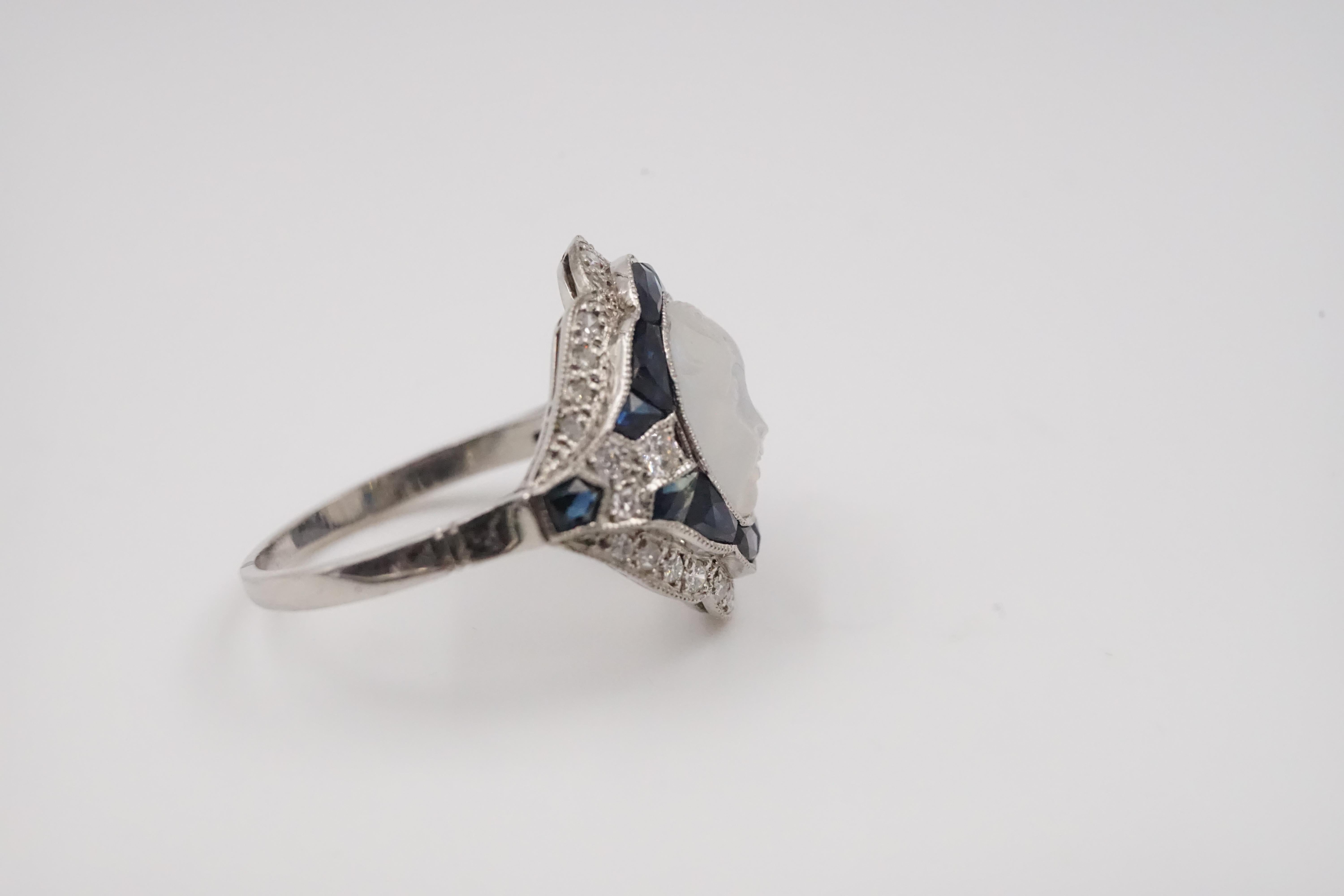 Brilliant Cut Art Deco Moonstone, Diamond, Platinum and Blue Sapphire Moonface Ring