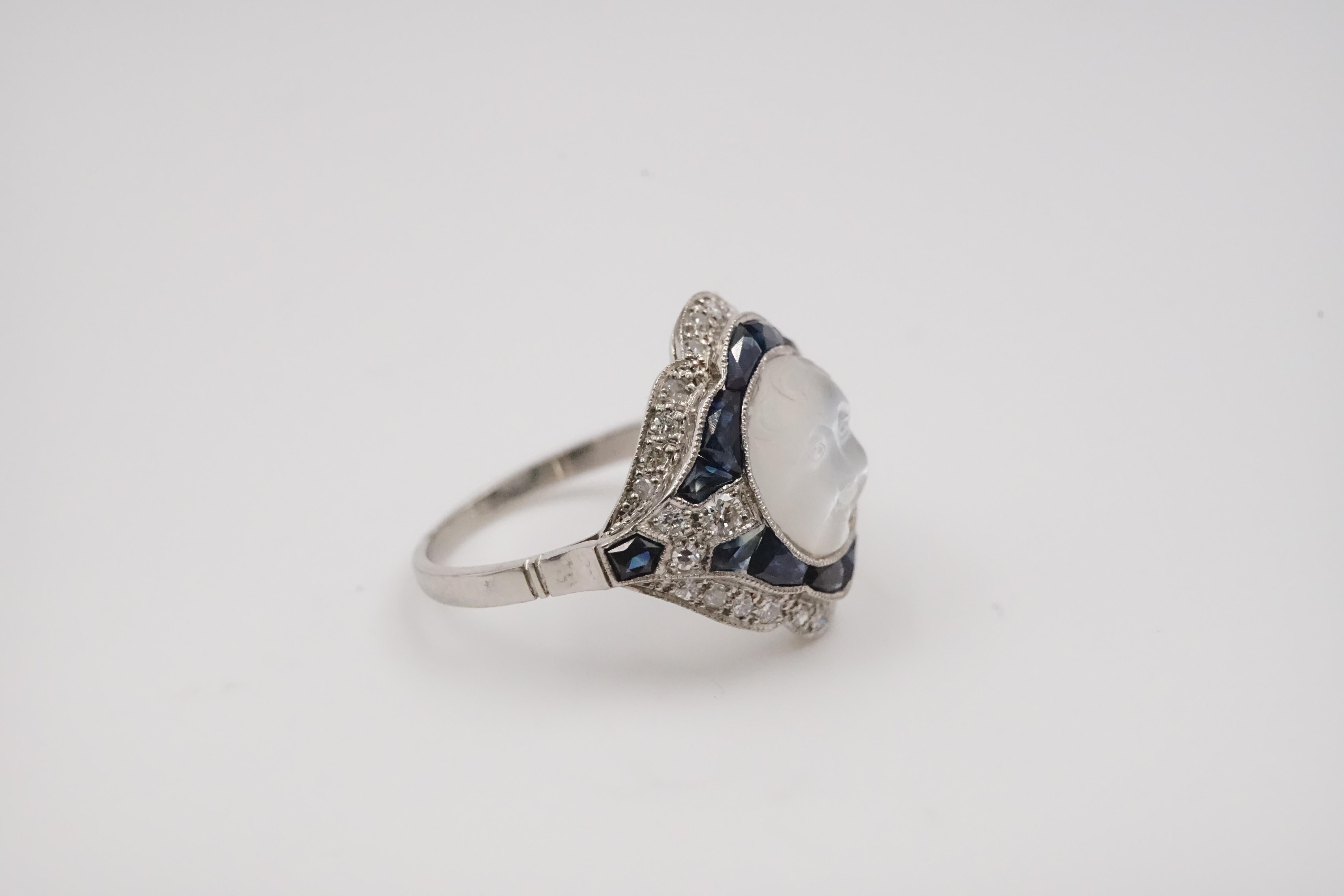 Women's or Men's Art Deco Moonstone, Diamond, Platinum and Blue Sapphire Moonface Ring