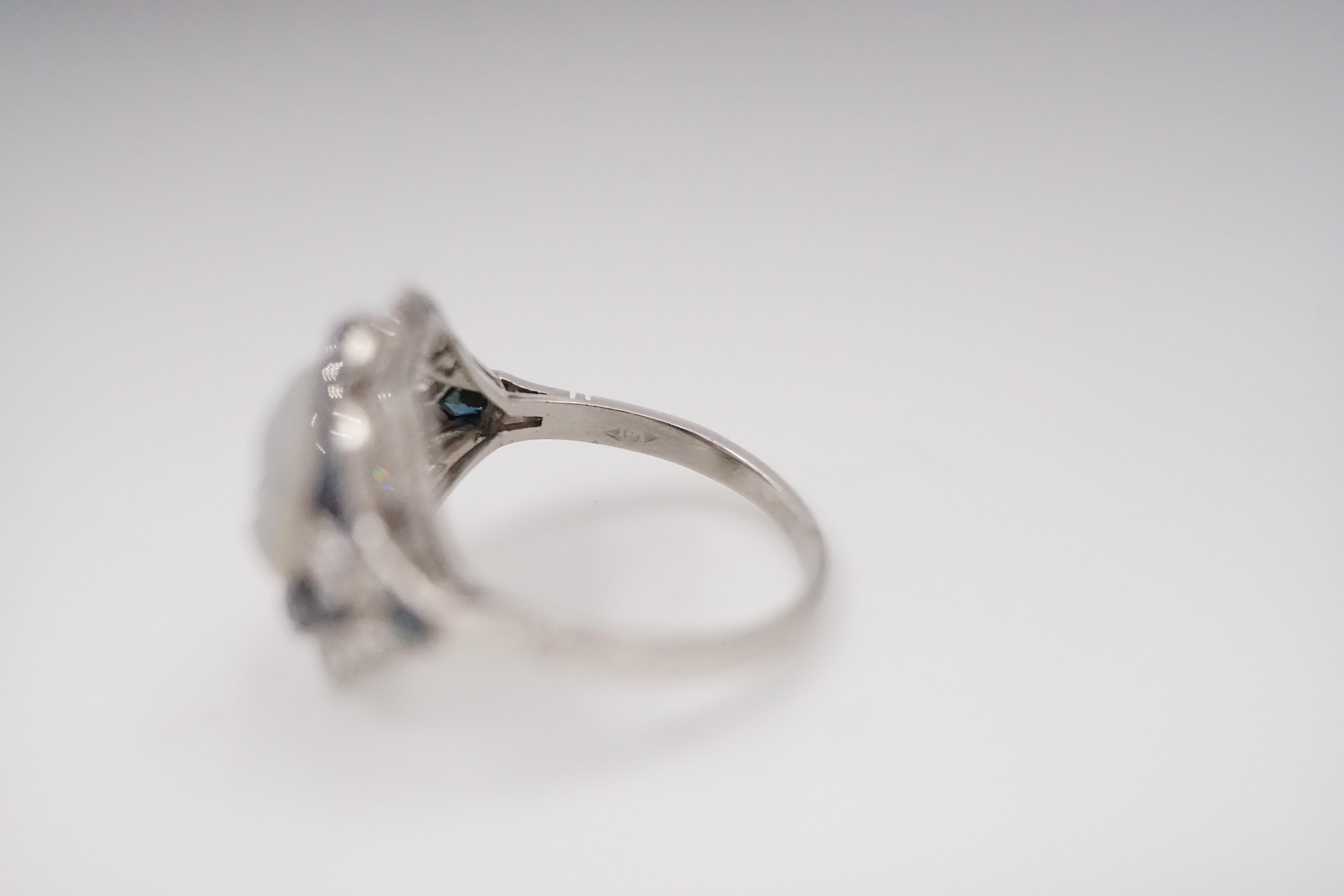 Art Deco Moonstone, Diamond, Platinum and Blue Sapphire Moonface Ring 1