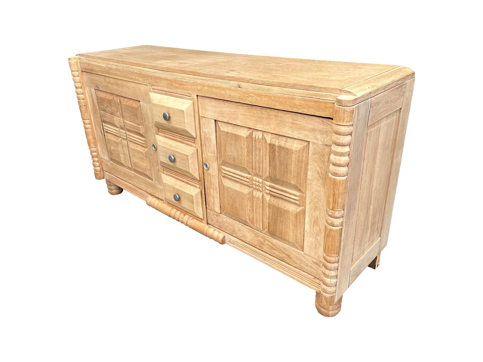 French Art Deco Natural Oak Sideboard by Gaston Poisson with Geometric Design
