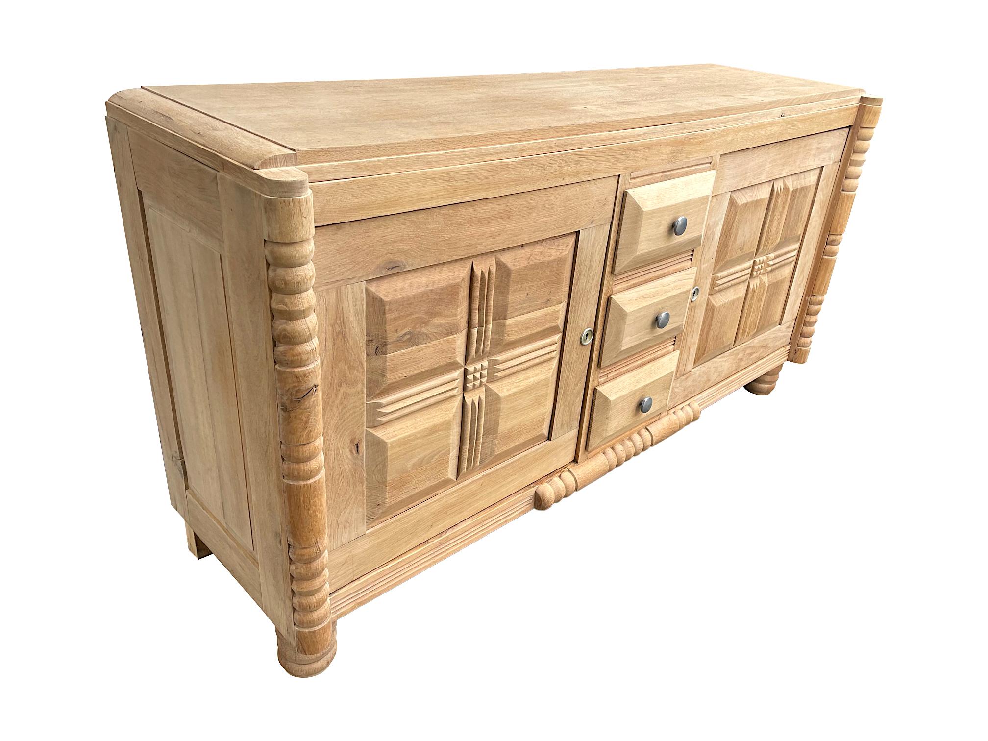 Art Deco Natural Oak Sideboard by Gaston Poisson with Geometric Design In Good Condition In London, GB