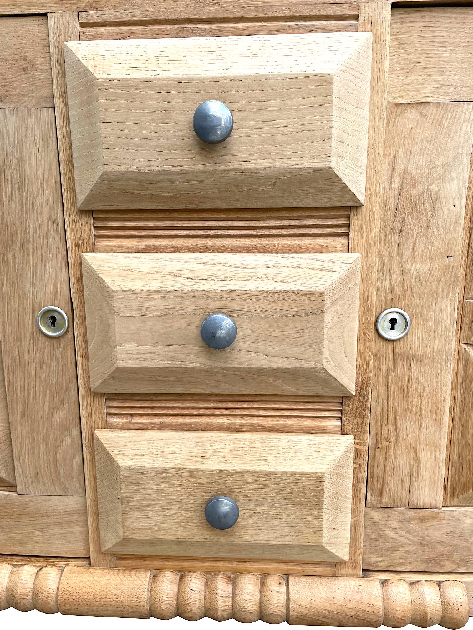 Brass Art Deco Natural Oak Sideboard by Gaston Poisson with Geometric Design