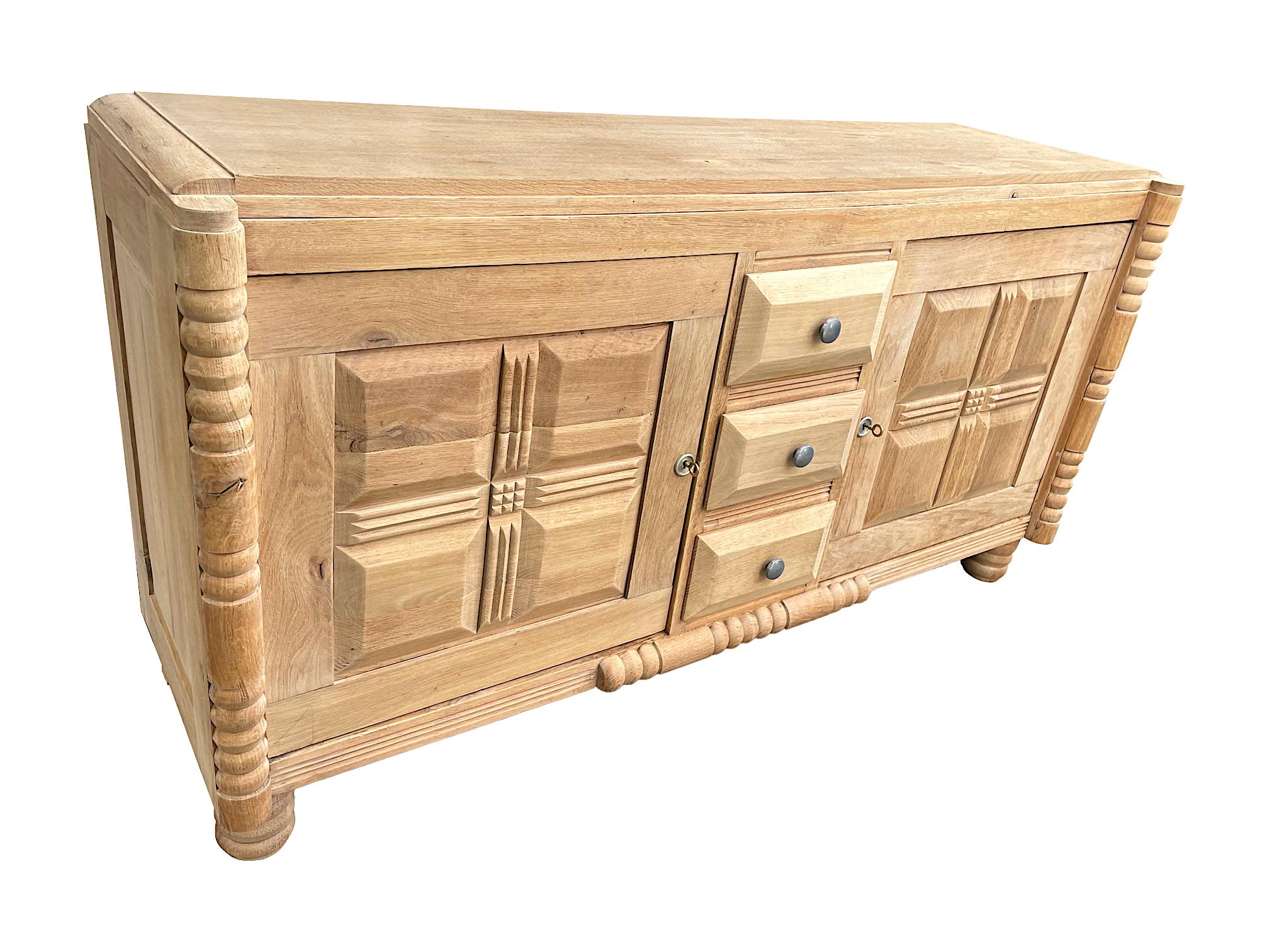 Art Deco Natural Oak Sideboard by Gaston Poisson with Geometric Design 2