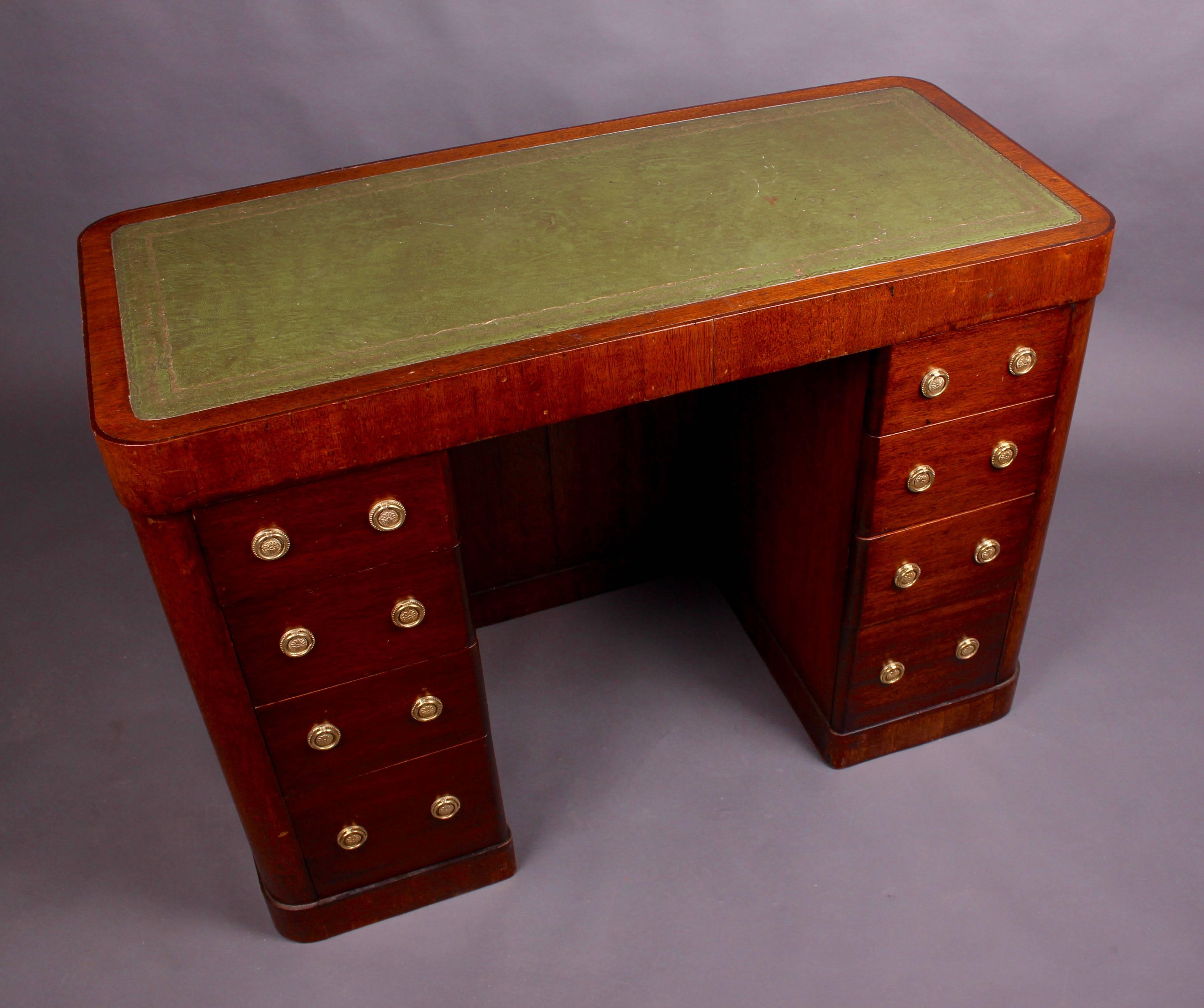 Mid-20th Century Art Deco Oak Kneehole Writing Desk with Green Leather Top