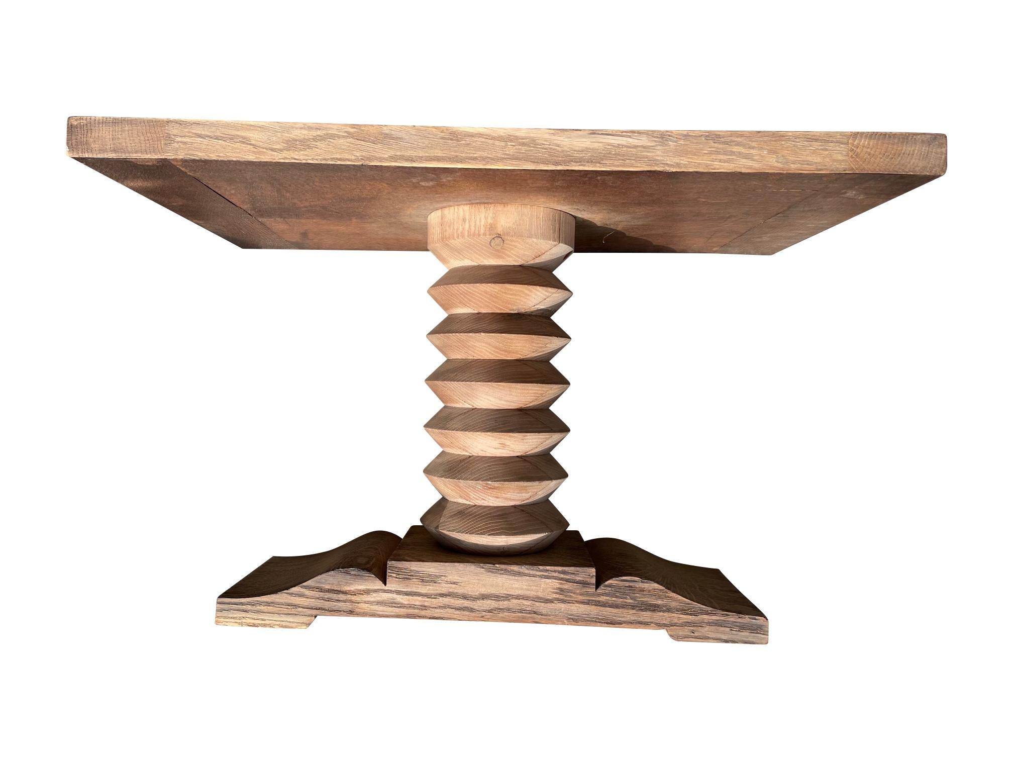 Mid-20th Century Art Deco Oak Side Table by Charles Dudouyt with Carved Geometric Central Leg