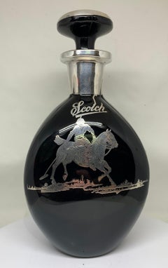 Art Deco Obsidian Glass and Inlaid Silver Polo Themed Scotch Decanter