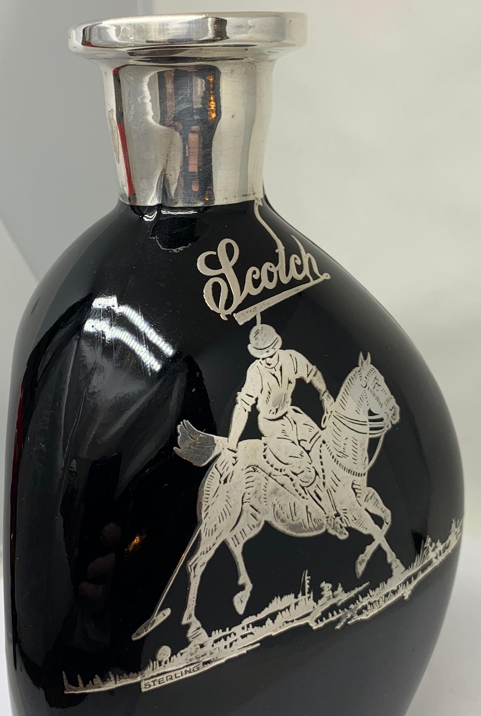 Inlay Art Deco Obsidian Glass and Inlaid Silver Polo Themed Scotch Decanter For Sale