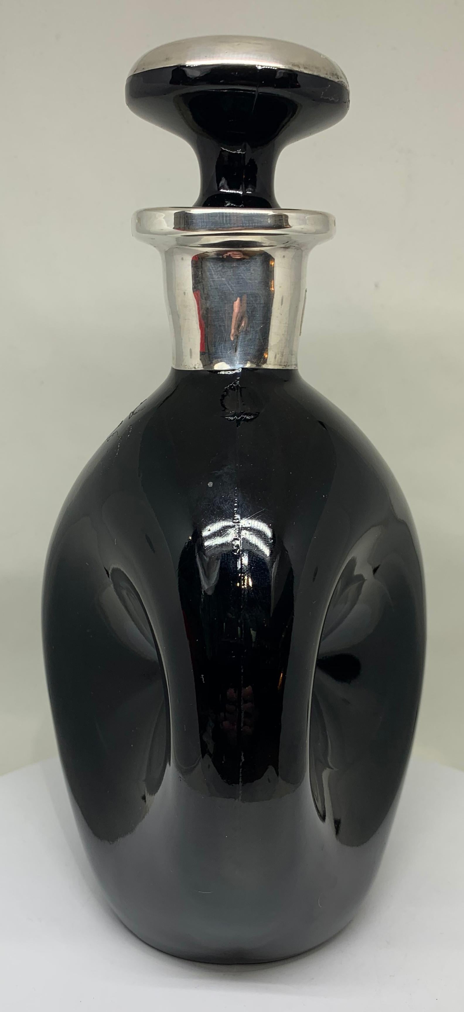 Art Deco Obsidian Glass and Inlaid Silver Polo Themed Scotch Decanter In Good Condition For Sale In London, GB
