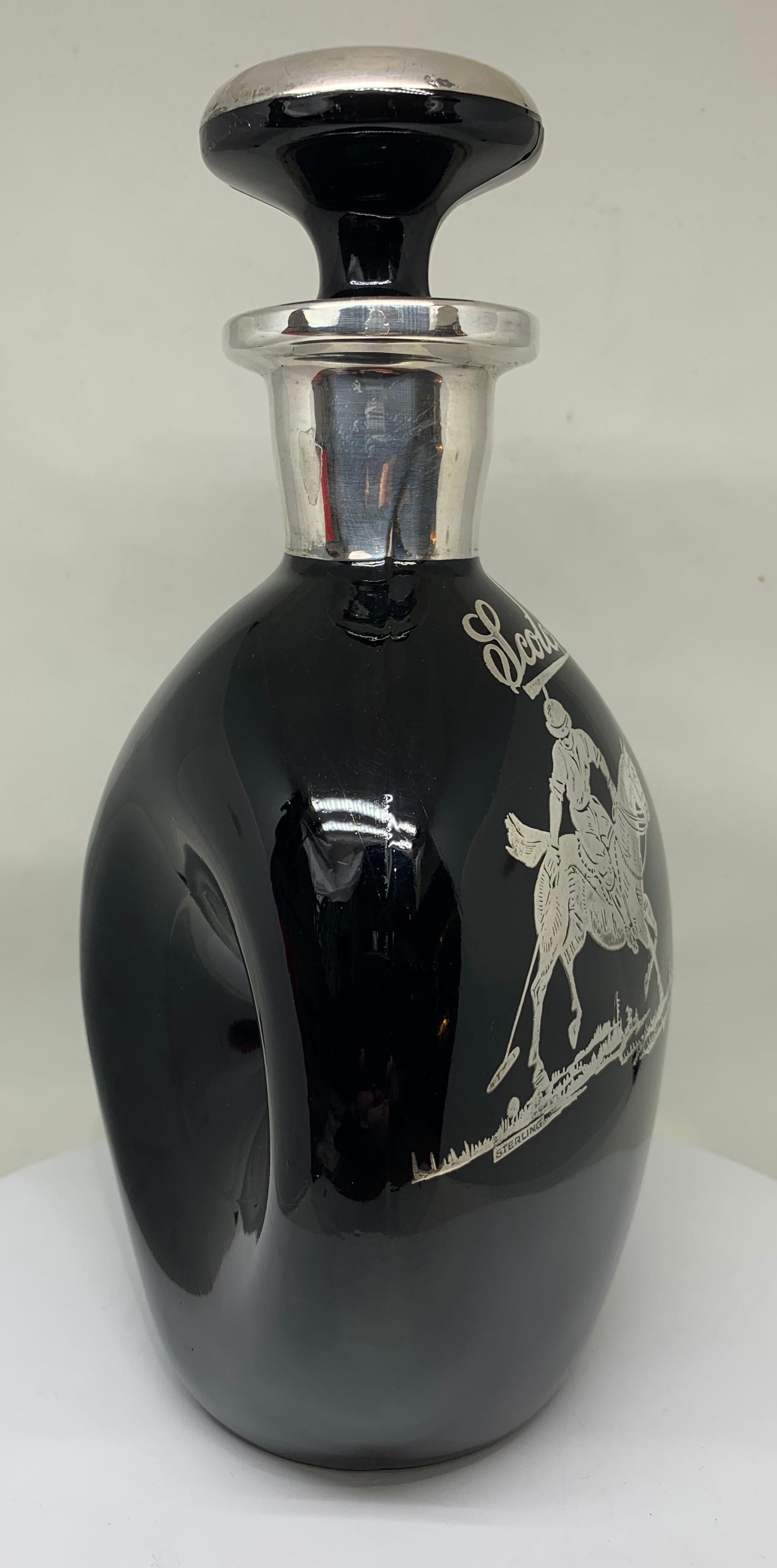 Mid-20th Century Art Deco Obsidian Glass and Inlaid Silver Polo Themed Scotch Decanter For Sale