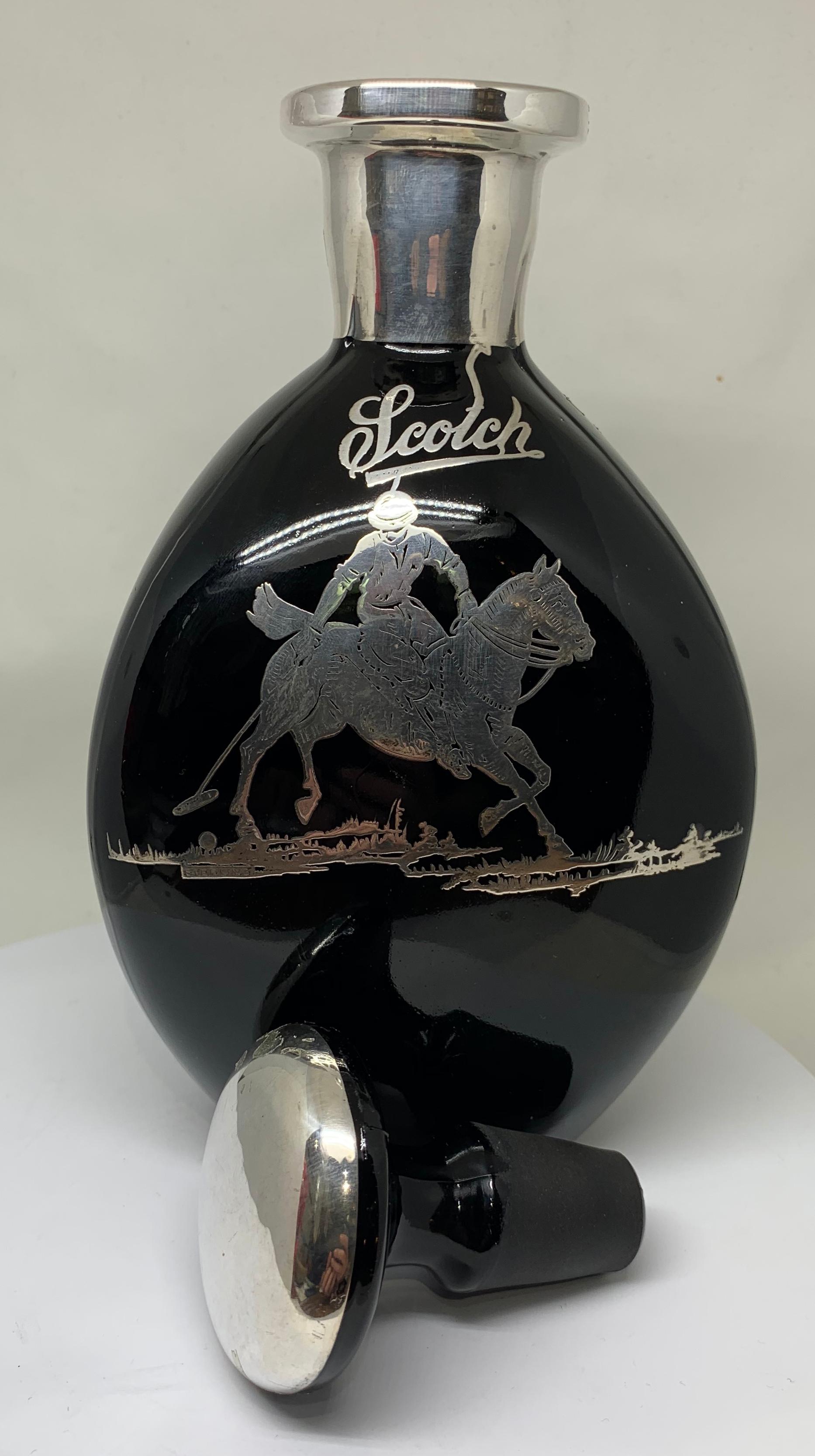 Art Deco Obsidian Glass and Inlaid Silver Polo Themed Scotch Decanter For Sale 1