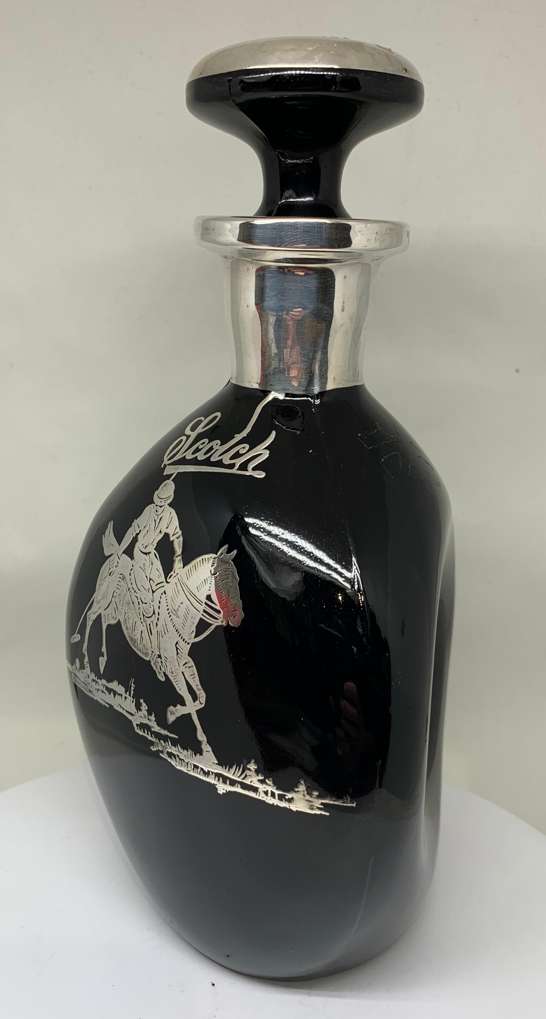 Art Deco Obsidian Glass and Inlaid Silver Polo Themed Scotch Decanter For Sale 2