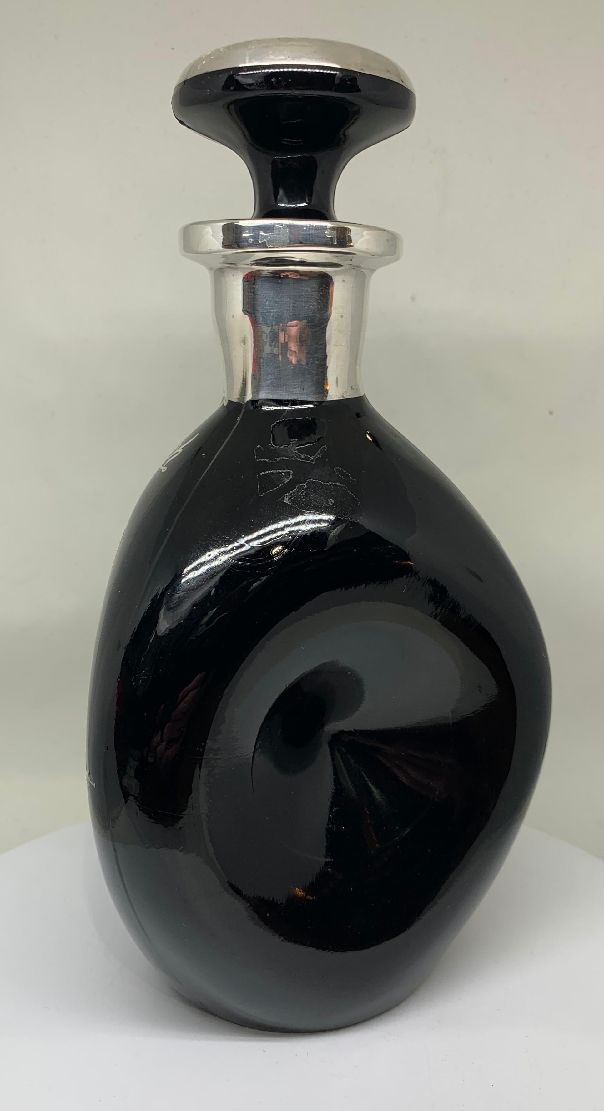 Art Deco Obsidian Glass and Inlaid Silver Polo Themed Scotch Decanter For Sale 3