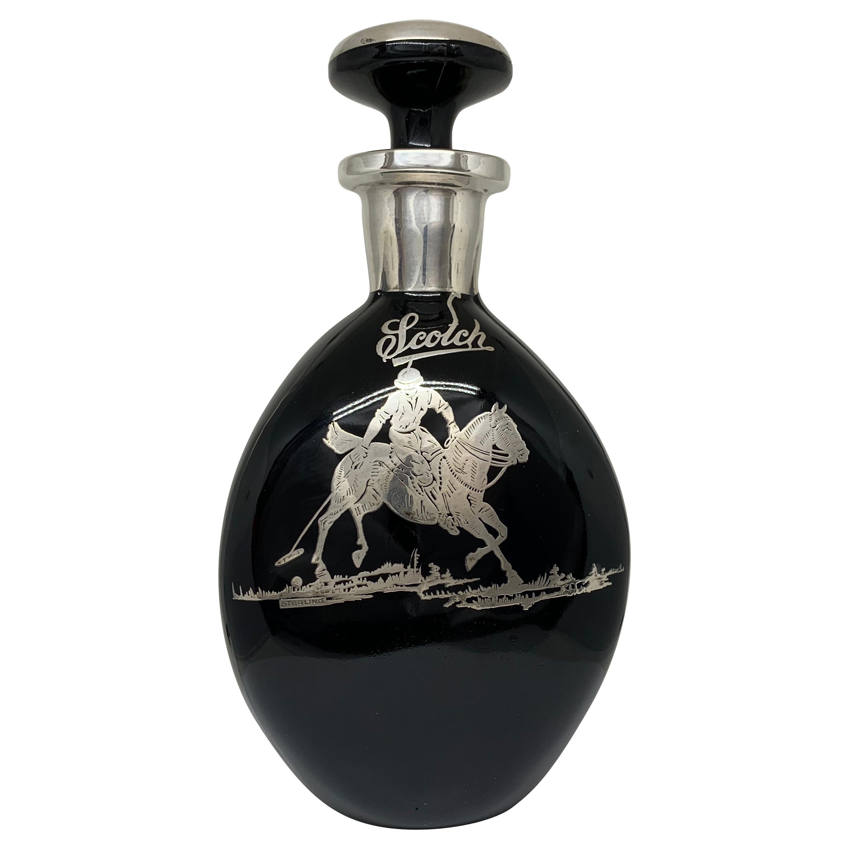 Art Deco Obsidian Glass and Inlaid Silver Polo Themed Scotch Decanter For Sale