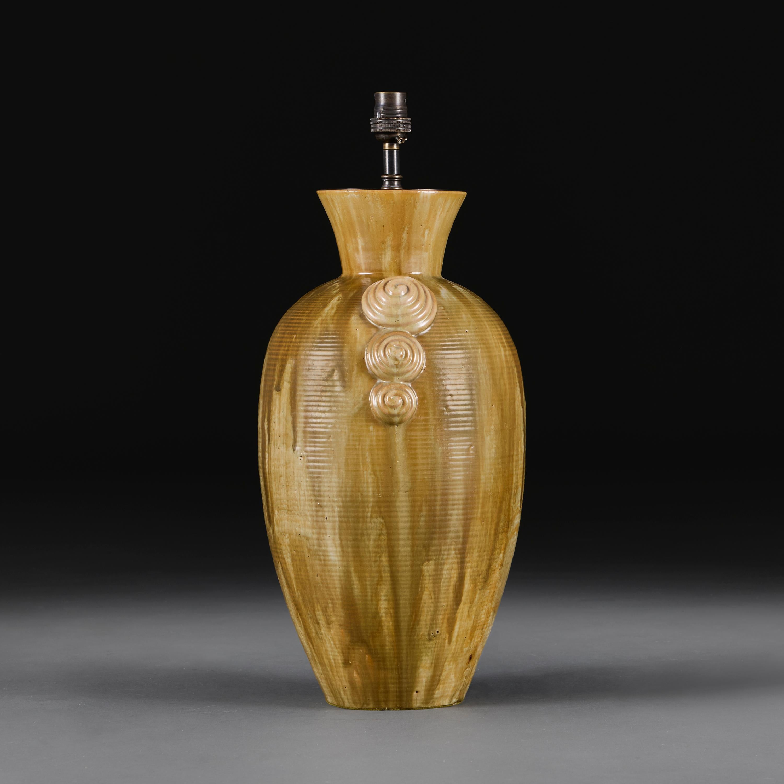 French An Art Deco Olive Green Glaze Pottery Vase as a Lamp For Sale