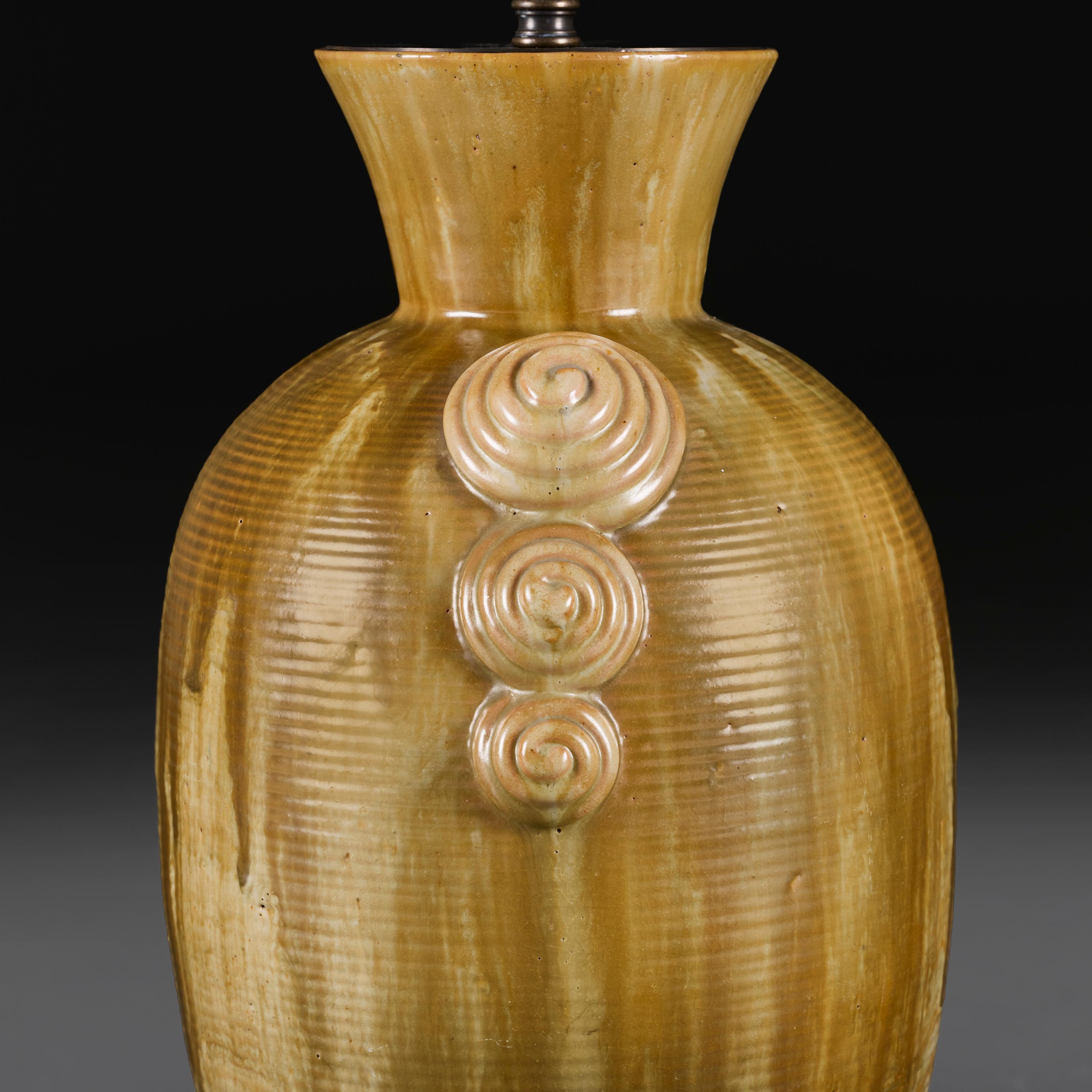 An Art Deco Olive Green Glaze Pottery Vase as a Lamp In Good Condition For Sale In London, GB