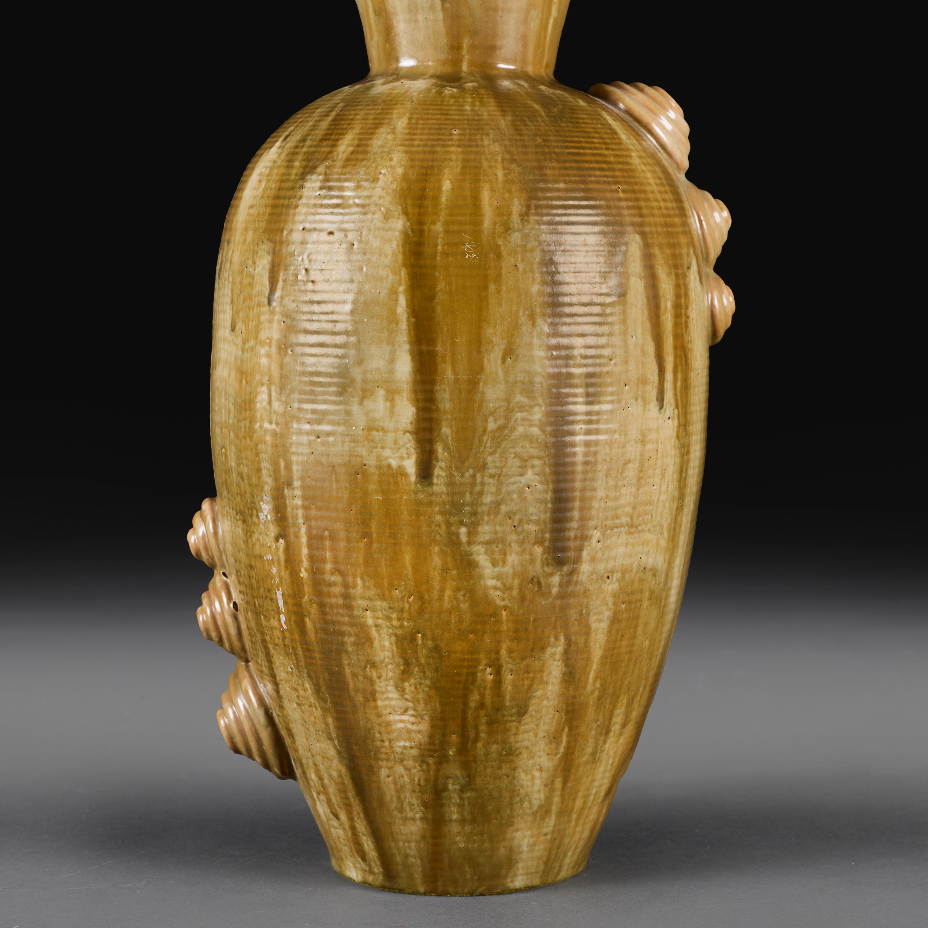 20th Century An Art Deco Olive Green Glaze Pottery Vase as a Lamp For Sale