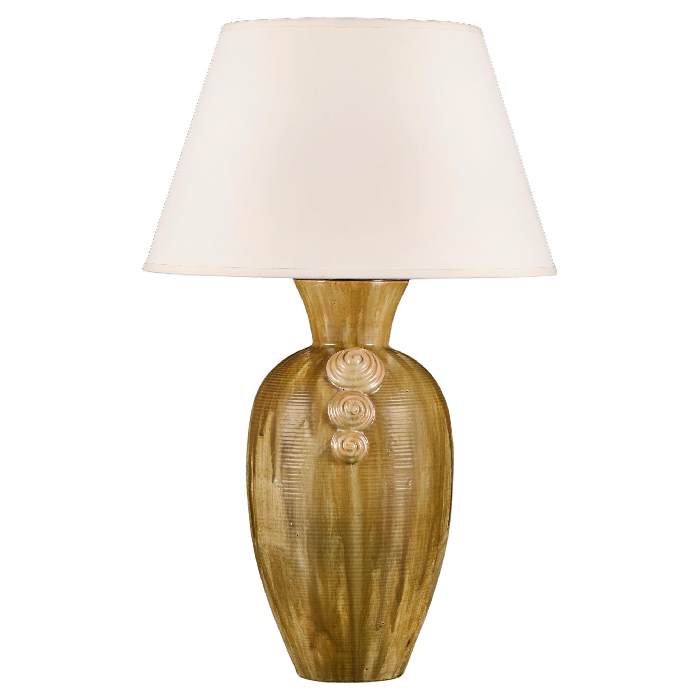An Art Deco Olive Green Glaze Pottery Vase as a Lamp