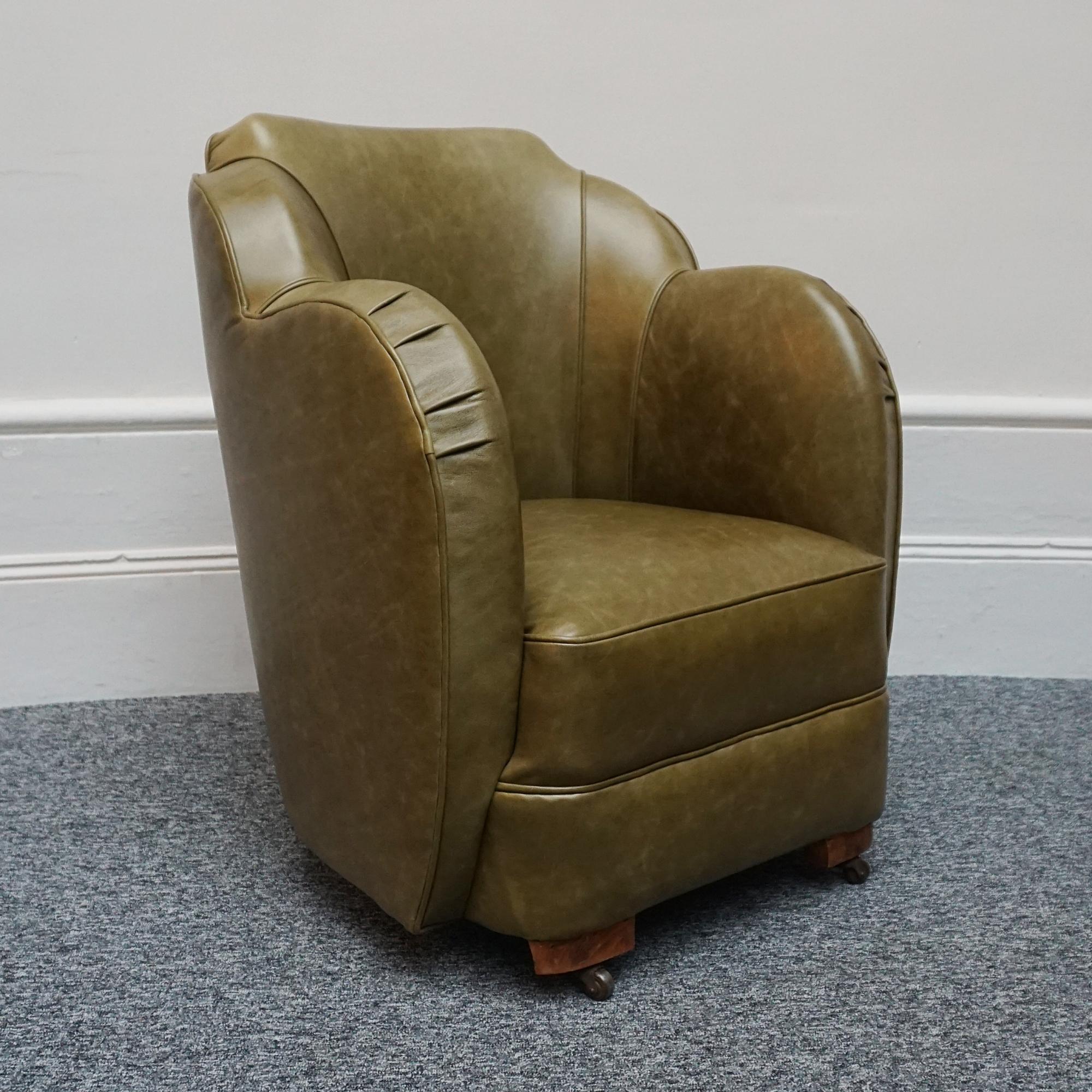An Art Deco Olive Green Leather Cloud Chair For Sale 2