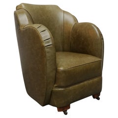 Vintage An Art Deco Olive Green Leather Cloud Chair