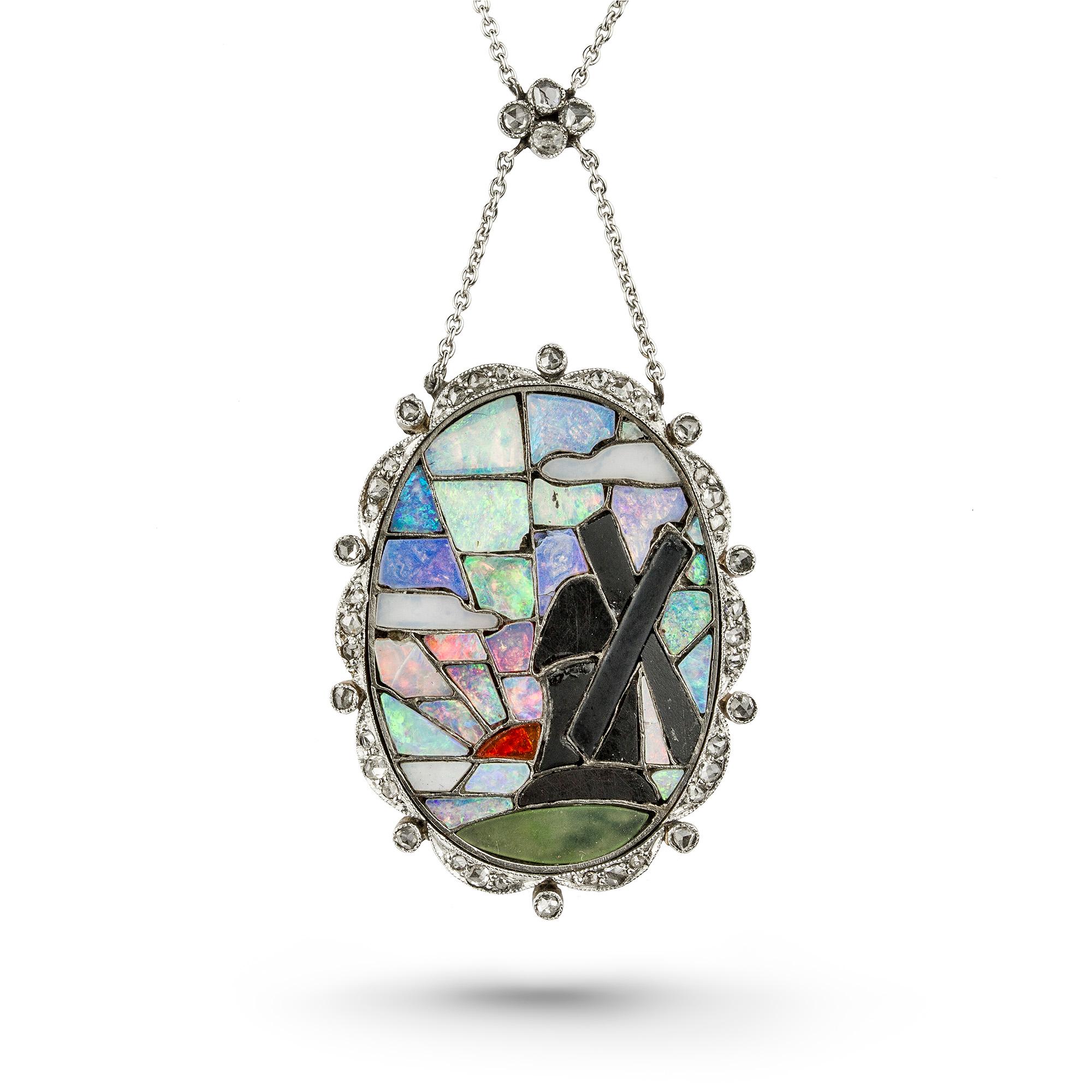 Opal-, Onyx- und Diamant-Mosaik-Anhänger im Art déco-Stil im Zustand „Gut“ in London, GB