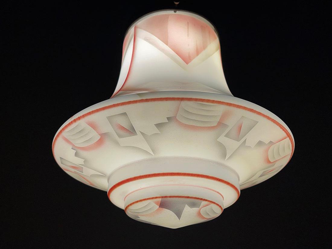 European Art Deco Painted Milk Glass Pendant Lamp, 1920s For Sale