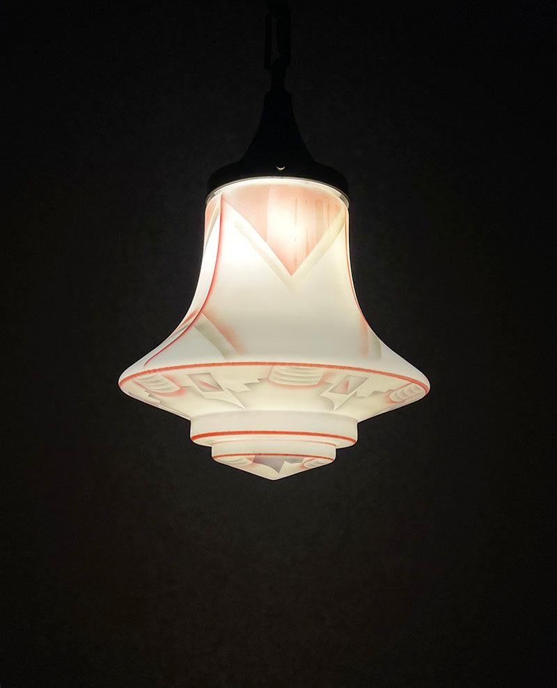 Hand-Painted Art Deco Painted Milk Glass Pendant Lamp, 1920s For Sale