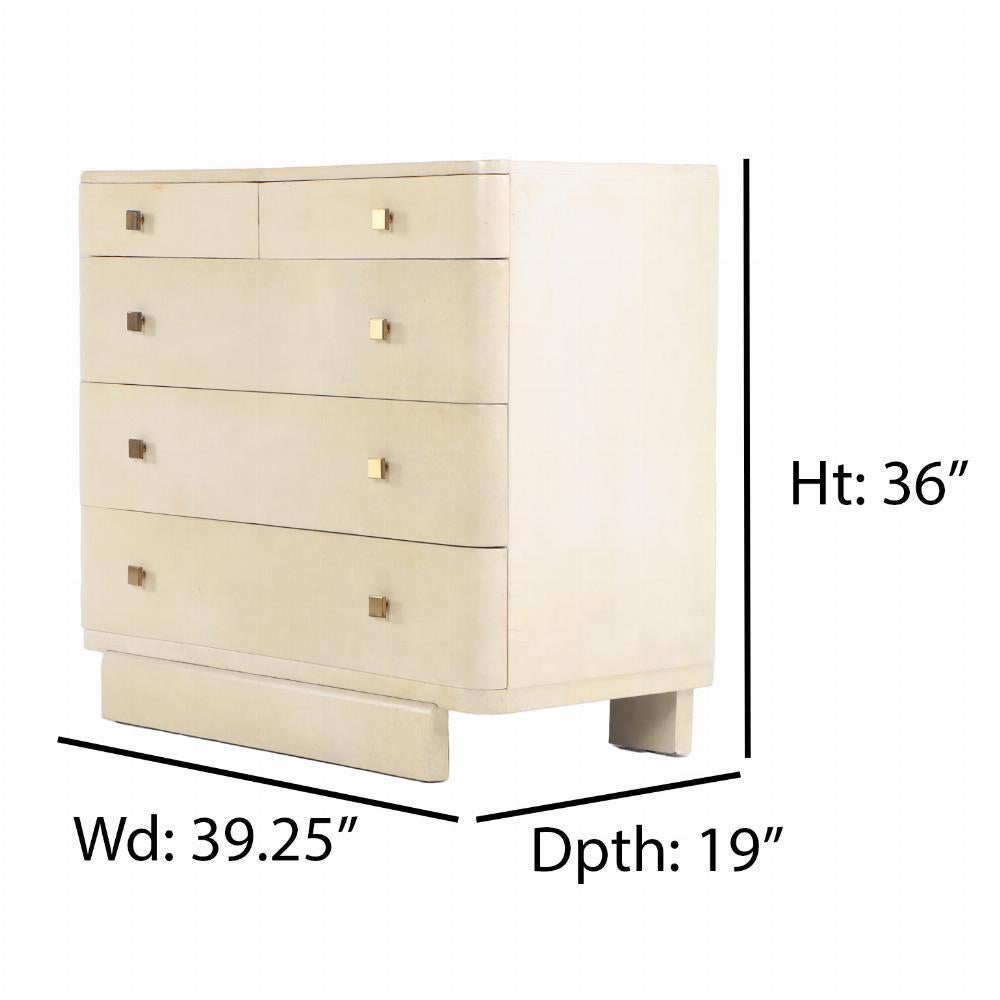 Having a two over three drawer configuration, the curved sides and sleek parchment surface give the streamlined look found in Art Deco interiors of the time. Found in Argentina.