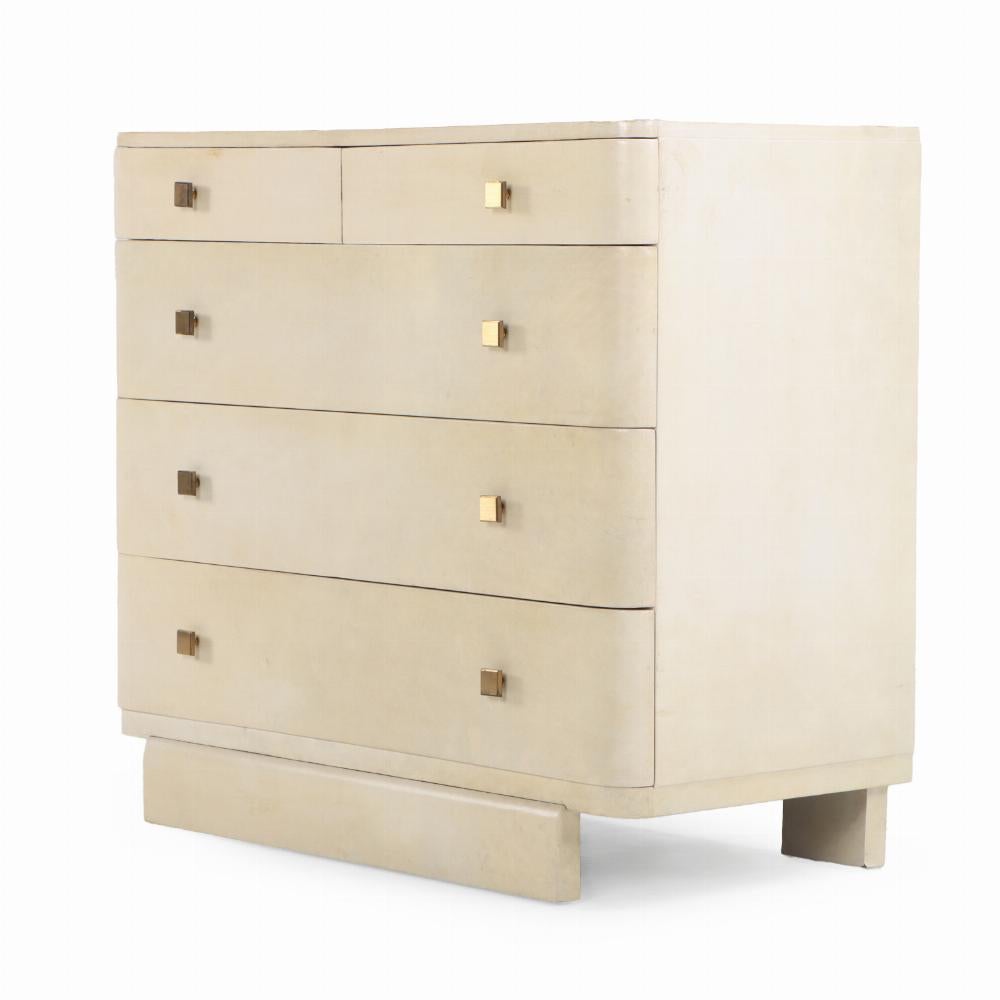An Art Deco parchment covered dresser, in the manner of Samuel Marx, C. 1940. In Good Condition In Philadelphia, PA