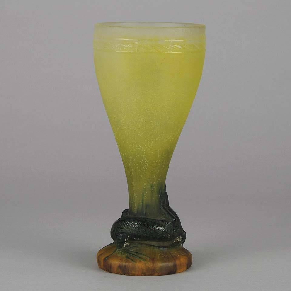 French Art Deco Pate-De-Verre Glass 'Lizard Vase' by Amalric Walter For Sale