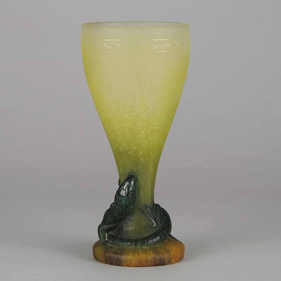 Art Glass Art Deco Pate-De-Verre Glass 'Lizard Vase' by Amalric Walter For Sale