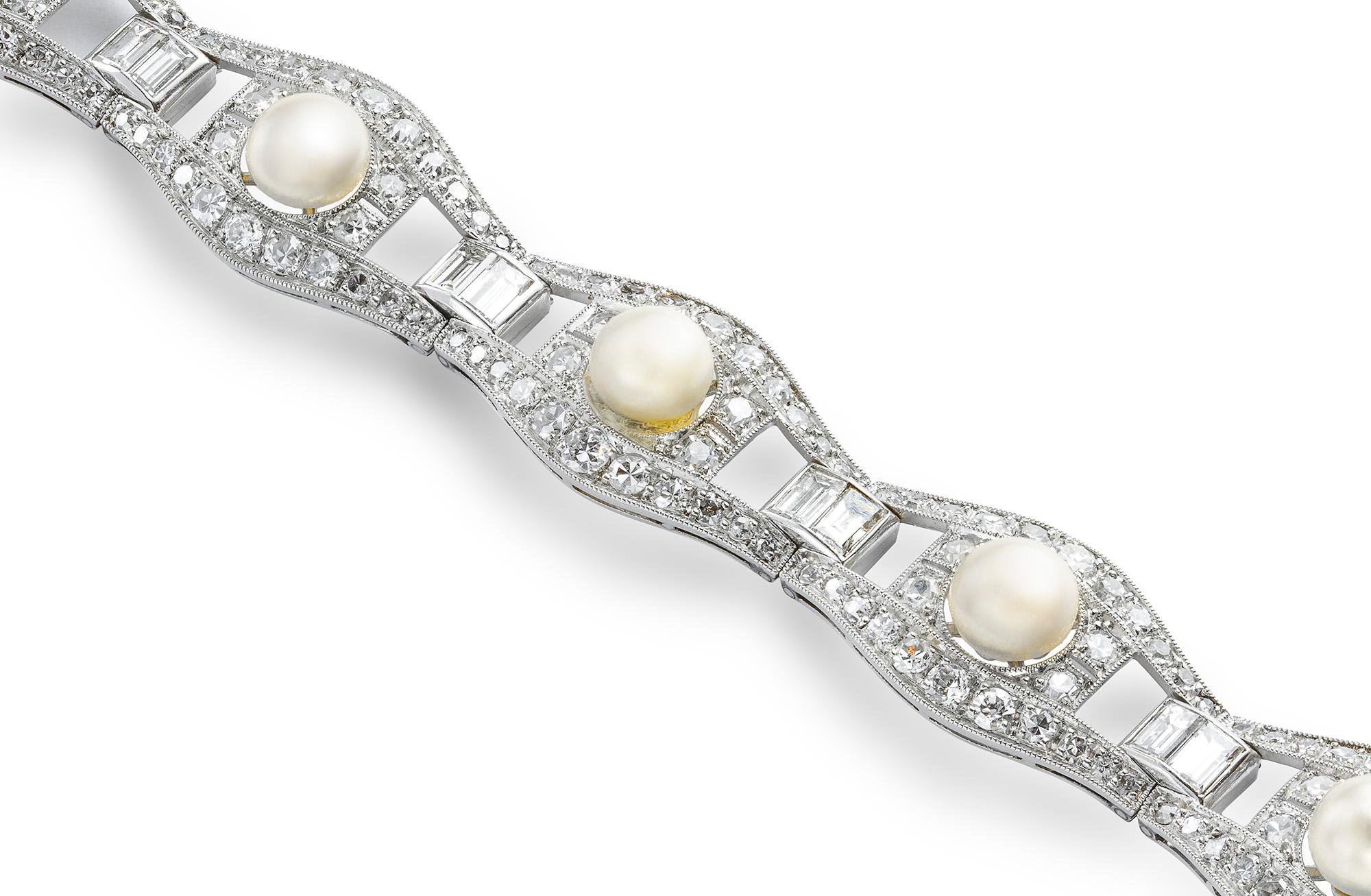 An Art Deco pearl and diamond bracelet, with a pearl to the centre of each link, stating the bracelet to have eight natural pearls and one cultured pearl, surrounded by a lozenge shape eight- and old brilliant-cut diamonds and a baguette-cut